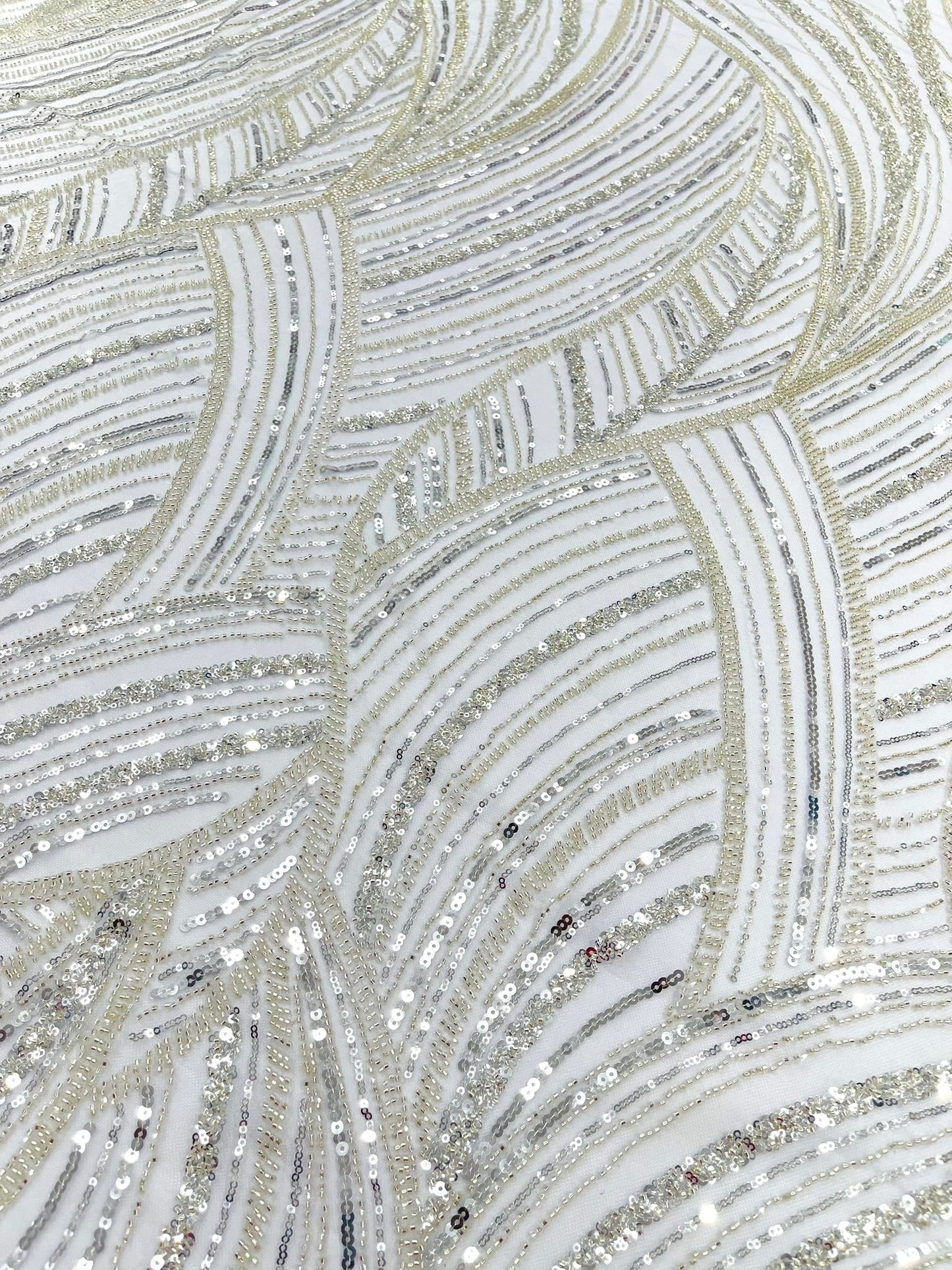 Luxury Feather Damask Beaded Lace Fabric| Prom| Wedding| By The Yard. - New Creations Fabric & Foam Inc