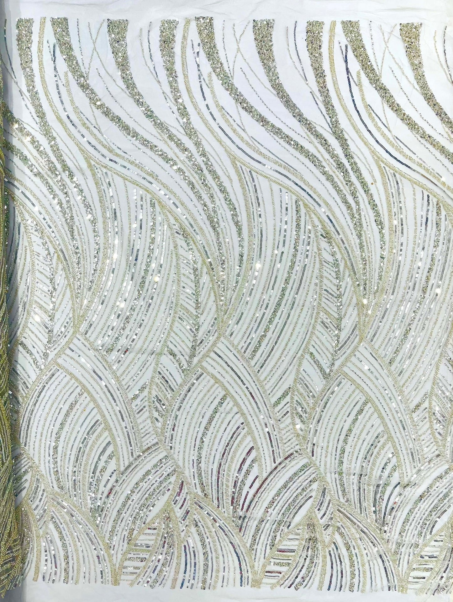 Luxury Feather Damask Beaded Lace Fabric| Prom| Wedding| By The Yard. - New Creations Fabric & Foam Inc