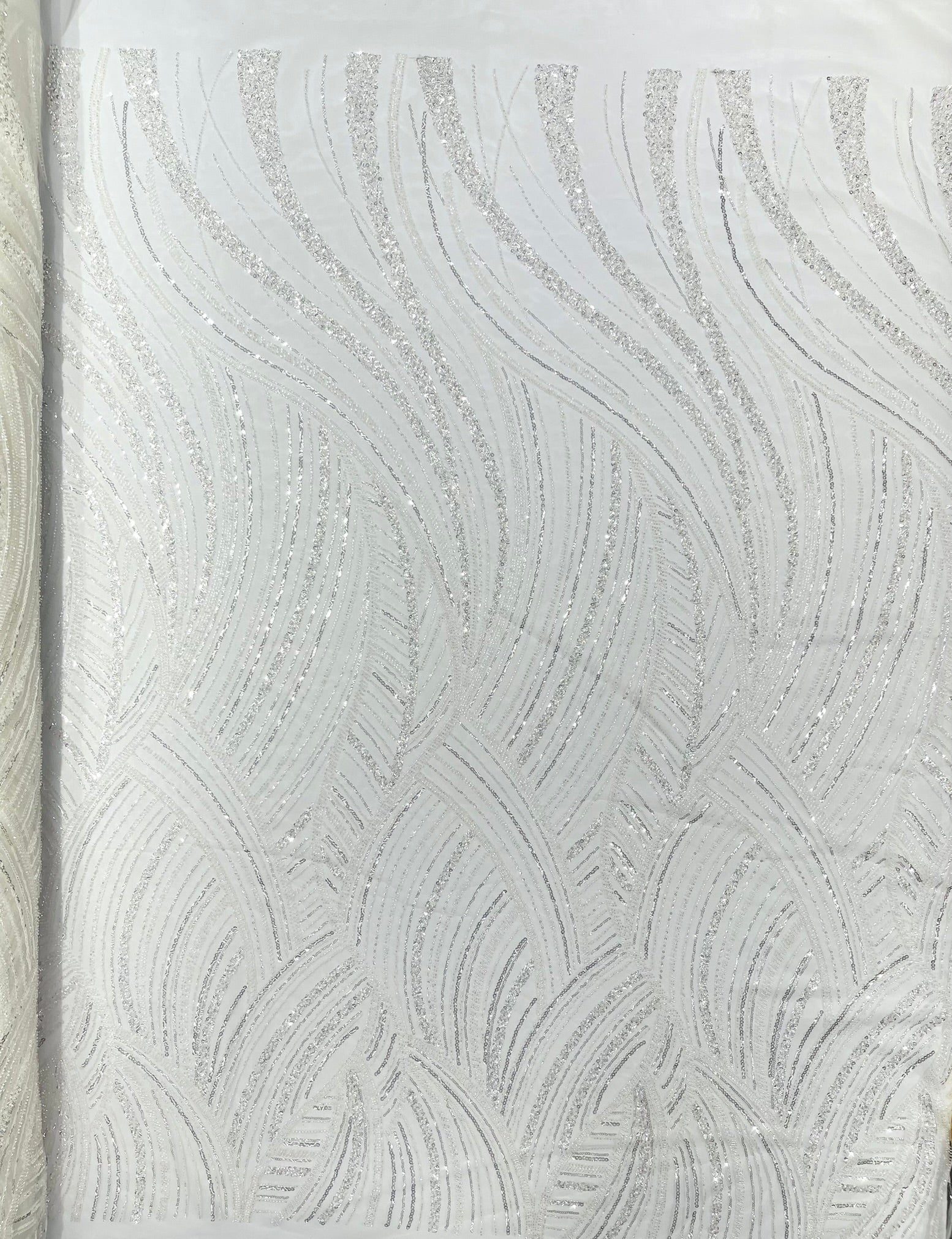 Luxury Feather Damask Beaded Lace Fabric| Prom| Wedding| By The Yard. - New Creations Fabric & Foam Inc