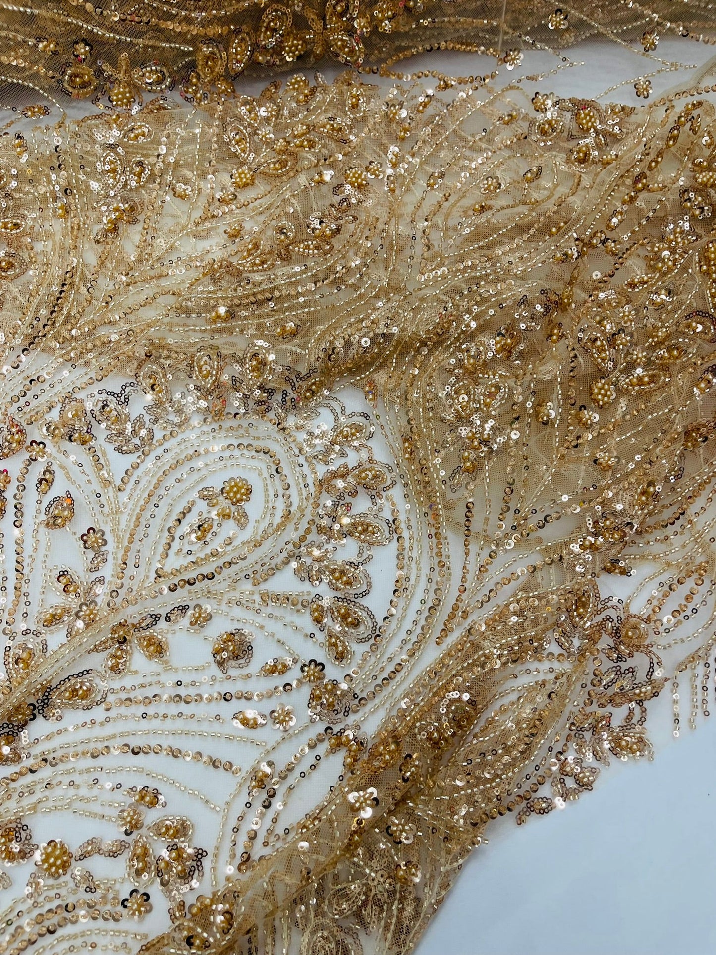 Modern Luxury Beaded Fabric Embroidered on a Mesh Lace 54” Wide| New Creations Fabric & Foam Inc. - New Creations Fabric & Foam Inc