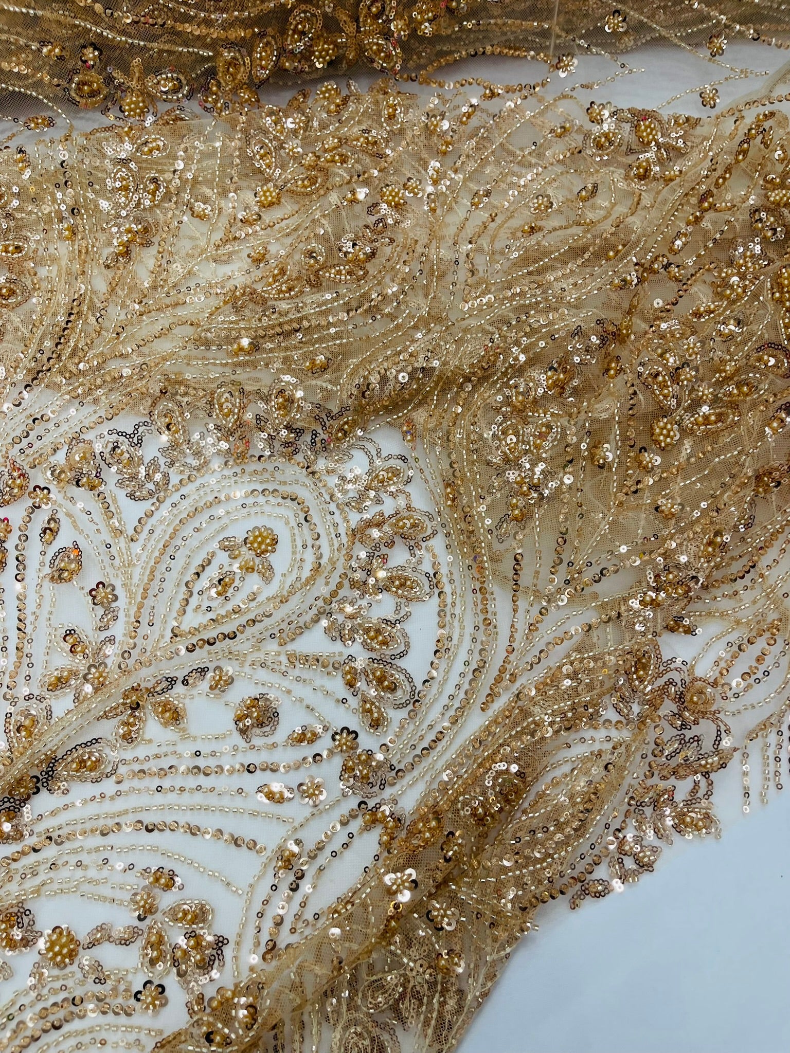 Modern Luxury Beaded Fabric Embroidered on a Mesh Lace 54” Wide| New Creations Fabric & Foam Inc. - New Creations Fabric & Foam Inc