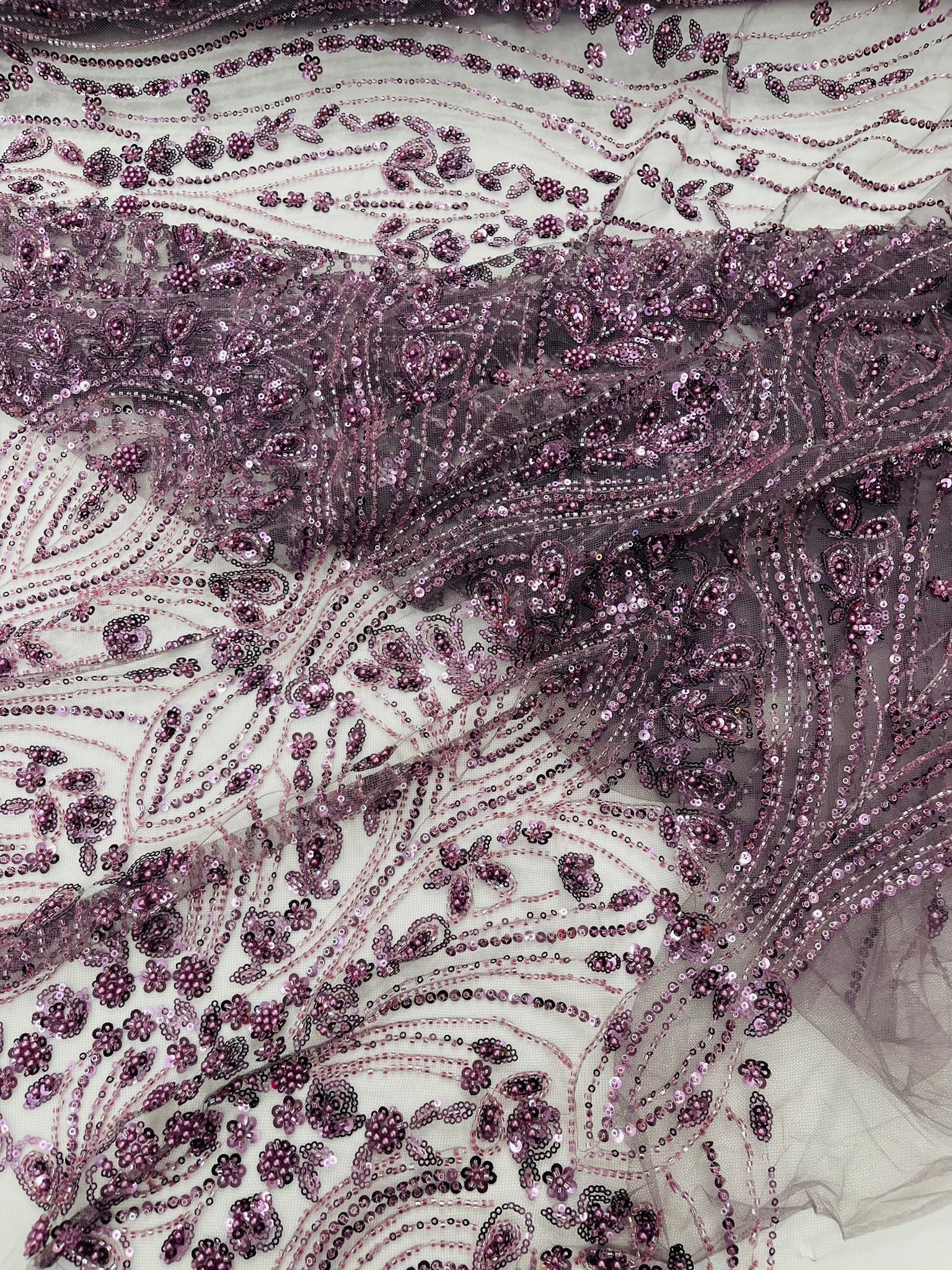 Modern Luxury Beaded Fabric Embroidered on a Mesh Lace 54” Wide| New Creations Fabric & Foam Inc. - New Creations Fabric & Foam Inc