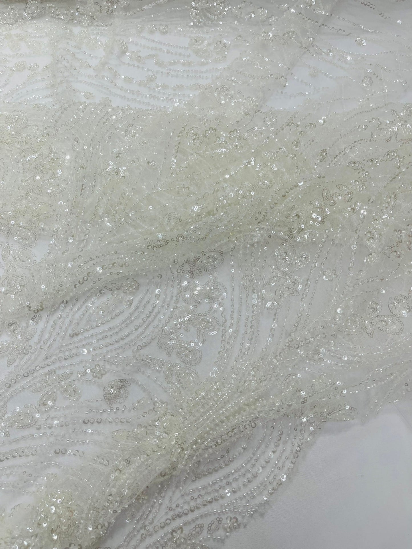 Modern Luxury Beaded Fabric Embroidered on a Mesh Lace 54” Wide| New Creations Fabric & Foam Inc. - New Creations Fabric & Foam Inc