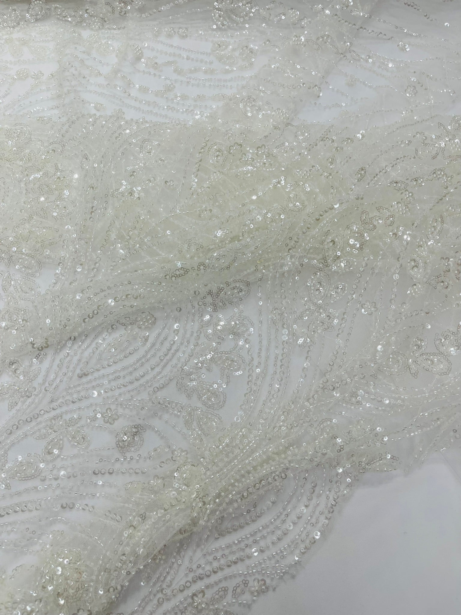 Modern Luxury Beaded Fabric Embroidered on a Mesh Lace 54” Wide| New Creations Fabric & Foam Inc. - New Creations Fabric & Foam Inc