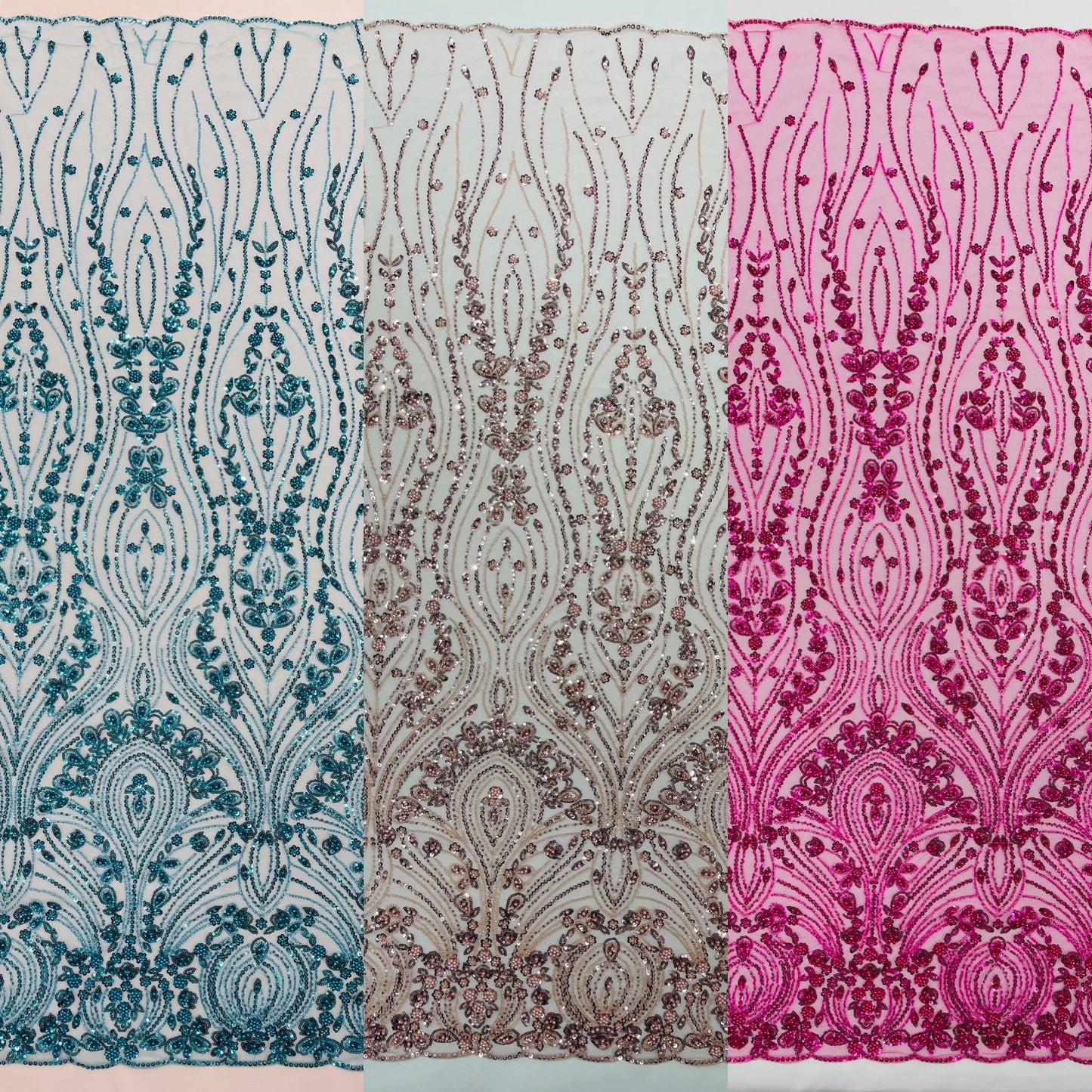 Modern Luxury Beaded Fabric Embroidered on a Mesh Lace 54” Wide| New Creations Fabric & Foam Inc. - New Creations Fabric & Foam Inc