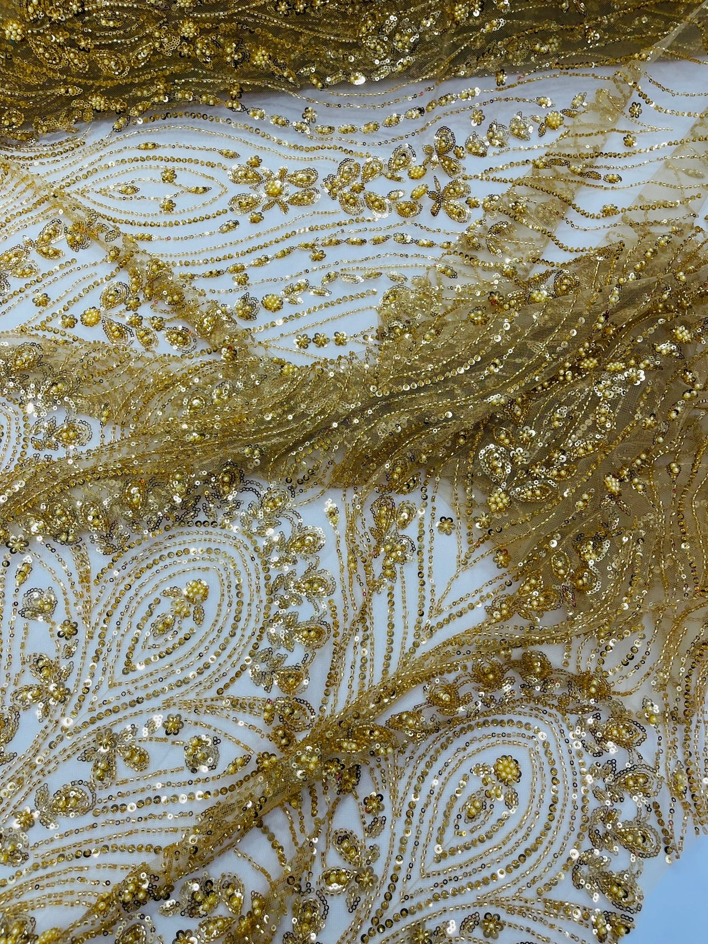 Modern Luxury Beaded Fabric Embroidered on a Mesh Lace 54” Wide| New Creations Fabric & Foam Inc. - New Creations Fabric & Foam Inc