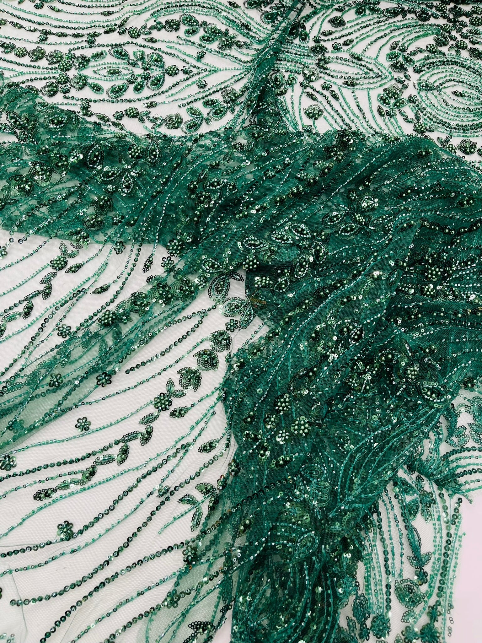 Modern Luxury Beaded Fabric Embroidered on a Mesh Lace 54” Wide| New Creations Fabric & Foam Inc. - New Creations Fabric & Foam Inc