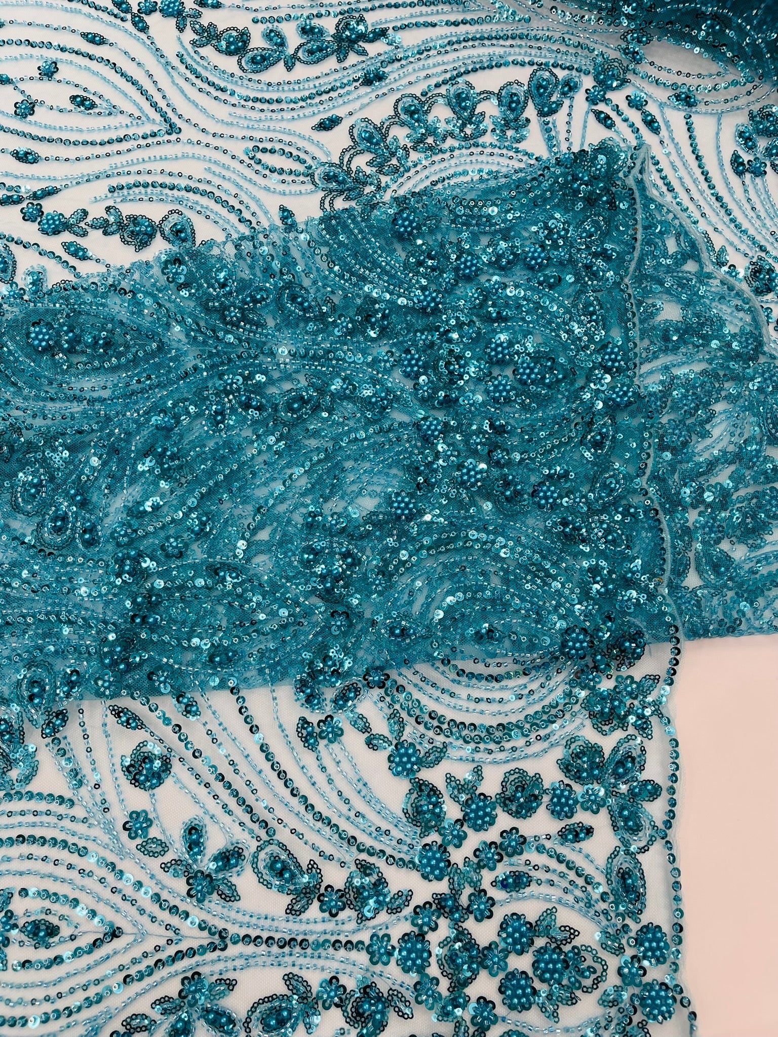 Modern Luxury Beaded Fabric Embroidered on a Mesh Lace 54” Wide| New Creations Fabric & Foam Inc. - New Creations Fabric & Foam Inc