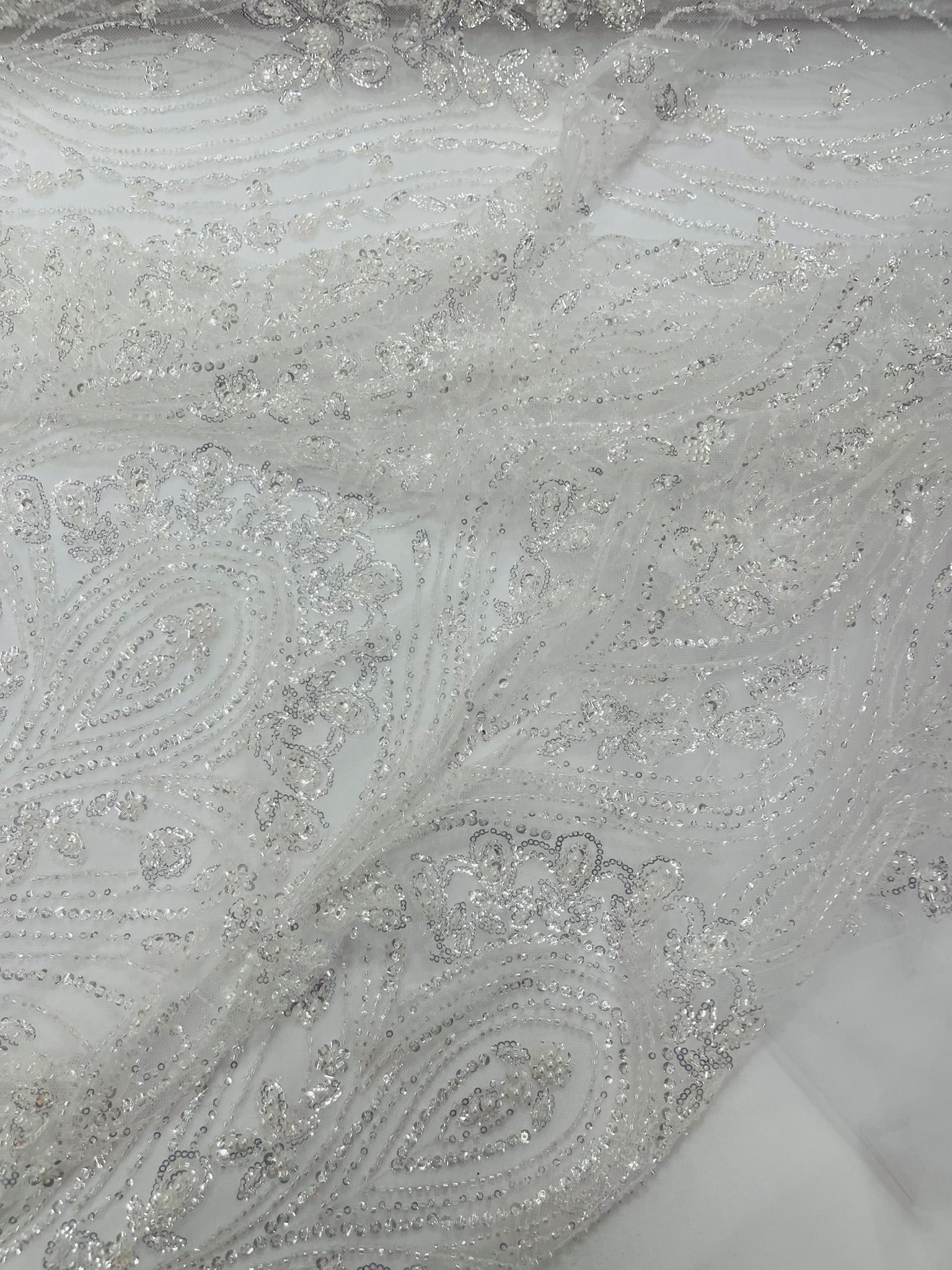 Modern Luxury Beaded Fabric Embroidered on a Mesh Lace 54” Wide| New Creations Fabric & Foam Inc. - New Creations Fabric & Foam Inc