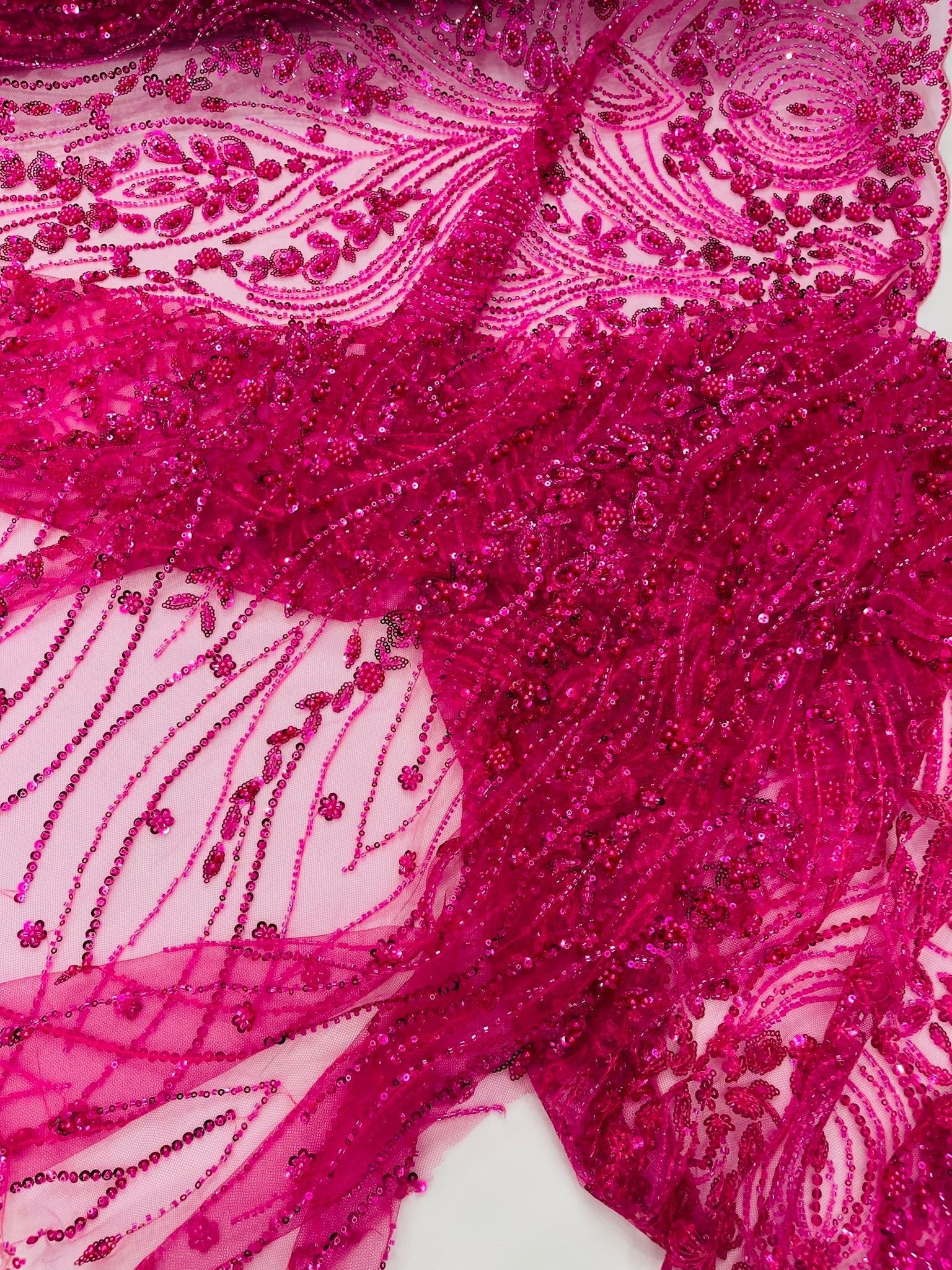 Modern Luxury Beaded Fabric Embroidered on a Mesh Lace 54” Wide| New Creations Fabric & Foam Inc. - New Creations Fabric & Foam Inc