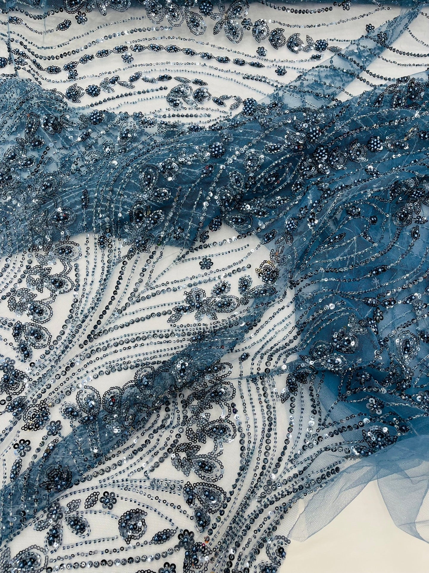 Modern Luxury Beaded Fabric Embroidered on a Mesh Lace 54” Wide| New Creations Fabric & Foam Inc. - New Creations Fabric & Foam Inc