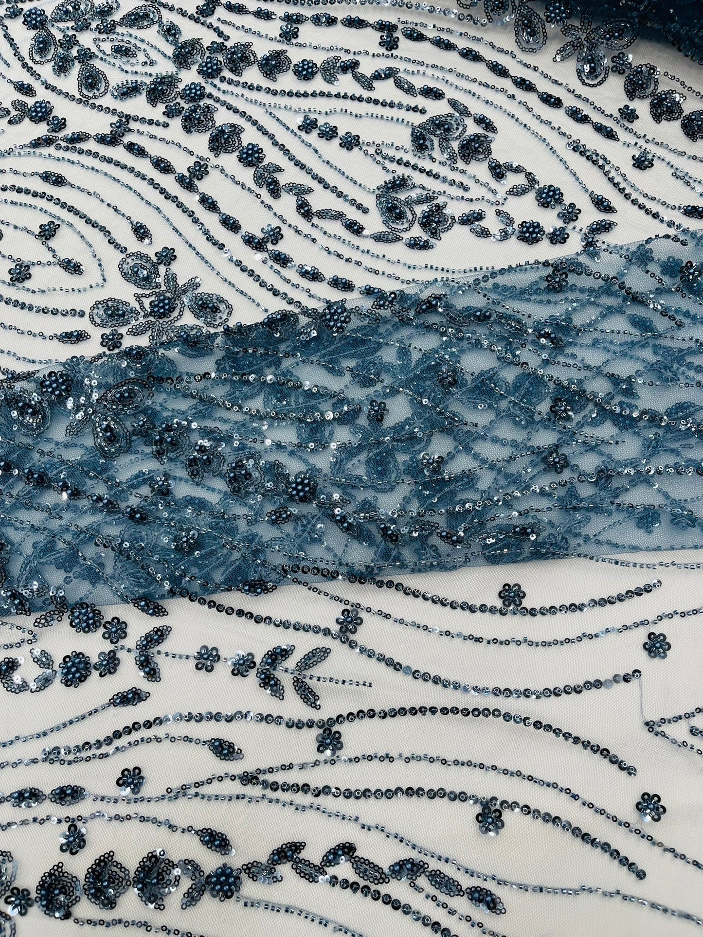Modern Luxury Beaded Fabric Embroidered on a Mesh Lace 54” Wide| New Creations Fabric & Foam Inc. - New Creations Fabric & Foam Inc