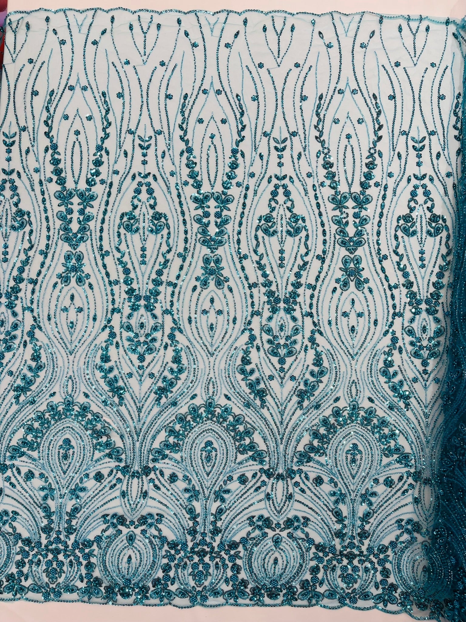 Modern Luxury Beaded Fabric Embroidered on a Mesh Lace 54” Wide| New Creations Fabric & Foam Inc. - New Creations Fabric & Foam Inc