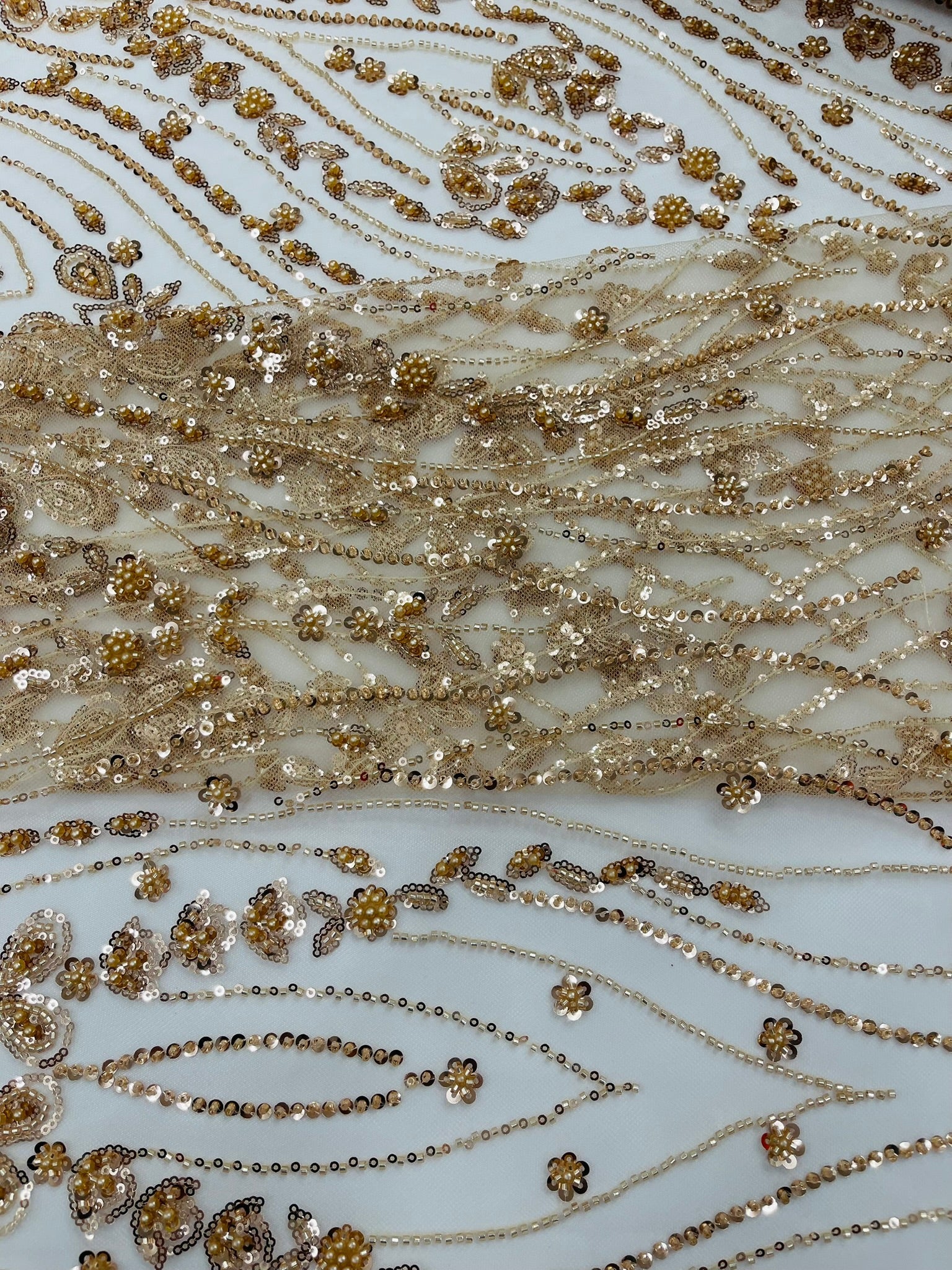 Modern Luxury Beaded Fabric Embroidered on a Mesh Lace 54” Wide| New Creations Fabric & Foam Inc. - New Creations Fabric & Foam Inc