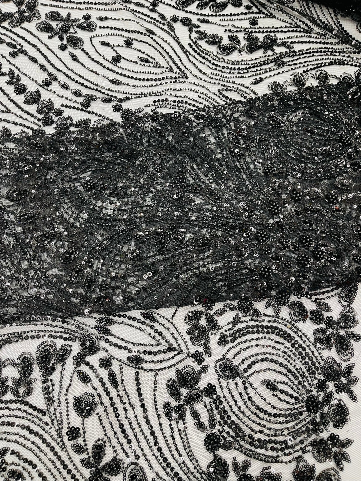 Modern Luxury Beaded Fabric Embroidered on a Mesh Lace 54” Wide| New Creations Fabric & Foam Inc. - New Creations Fabric & Foam Inc