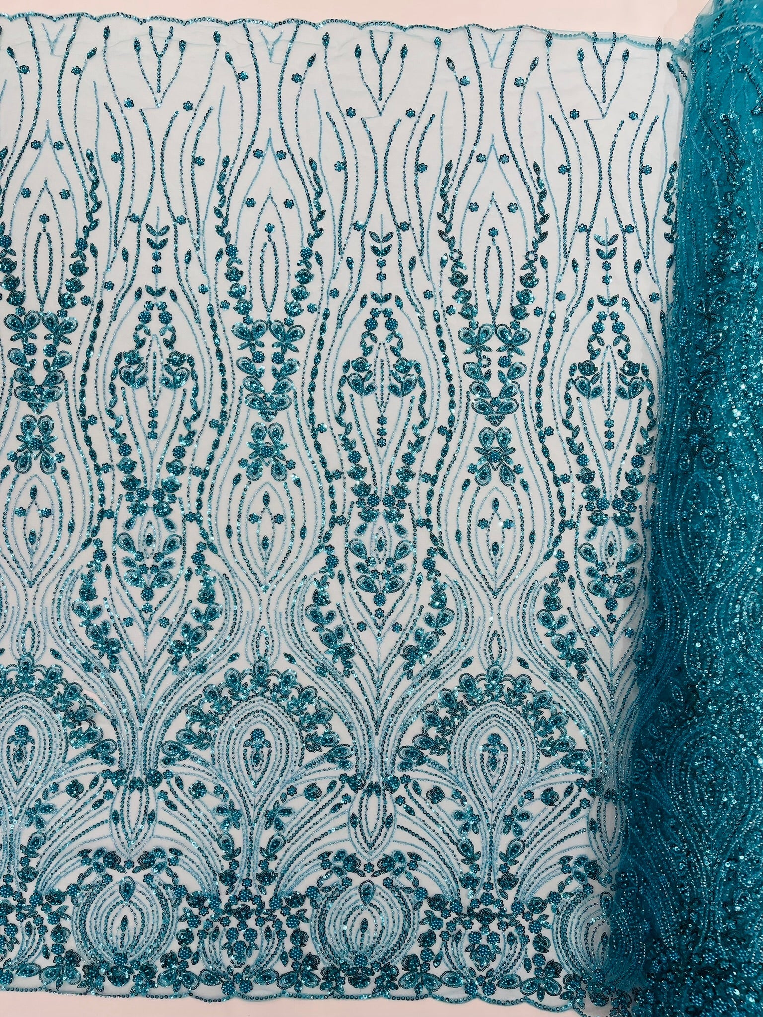 Modern Luxury Beaded Fabric Embroidered on a Mesh Lace 54” Wide| New Creations Fabric & Foam Inc. - New Creations Fabric & Foam Inc