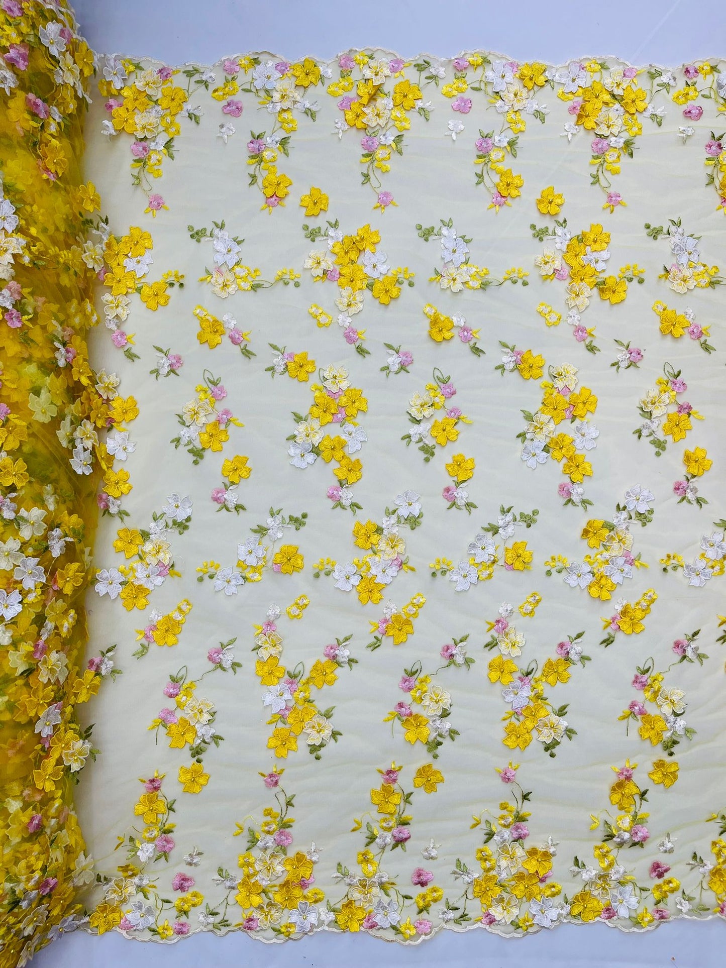 Multi color 3d floral Daisy design embroider lace fabric| New Creations Fabric & Foam Inc. - New Creations Fabric & Foam Inc