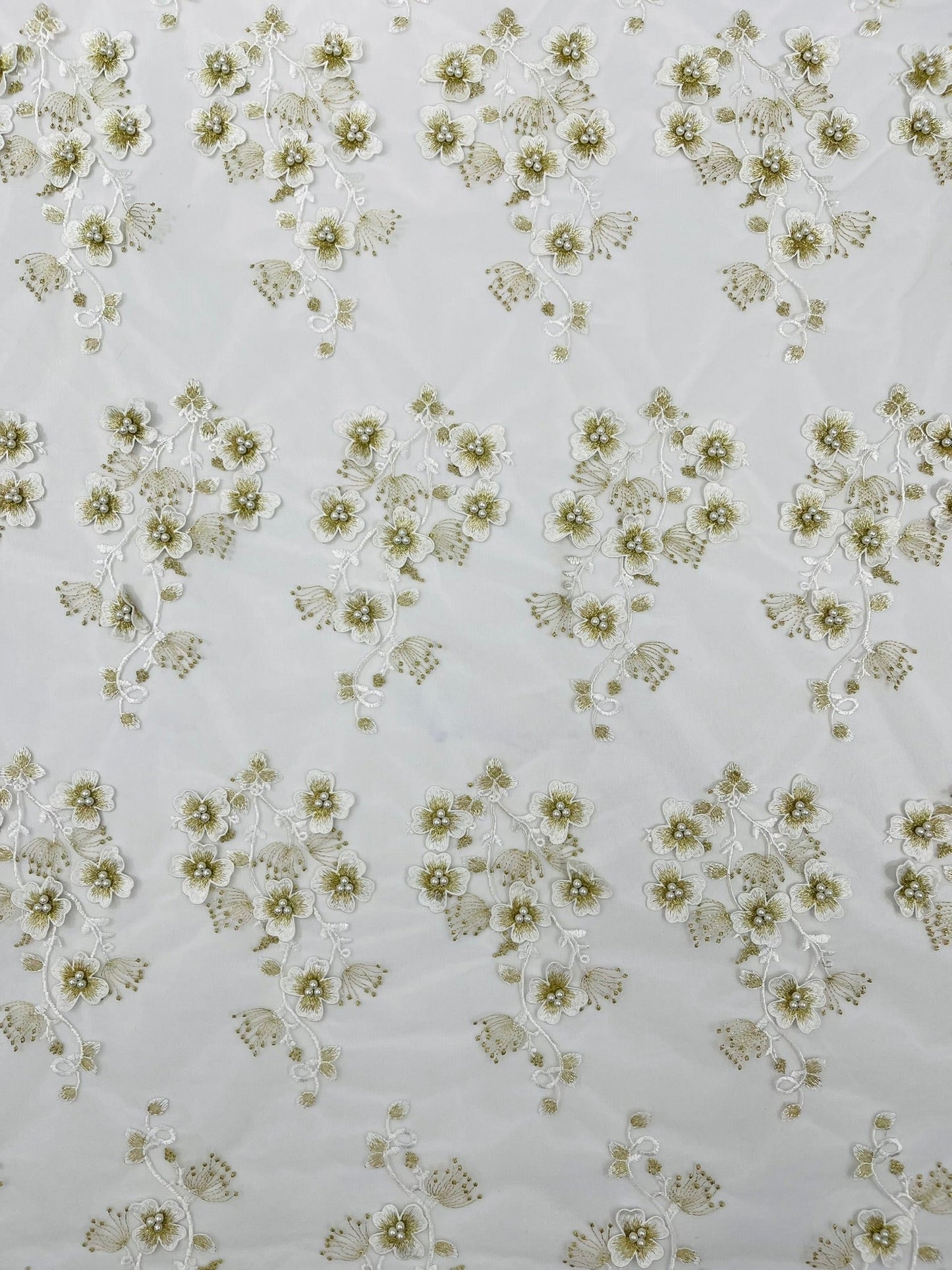 Multi Color 3D Floral Design Embroider with Pearls in a Mesh Lace Fabric| New Creations Fabric & Foam Inc. - New Creations Fabric & Foam Inc