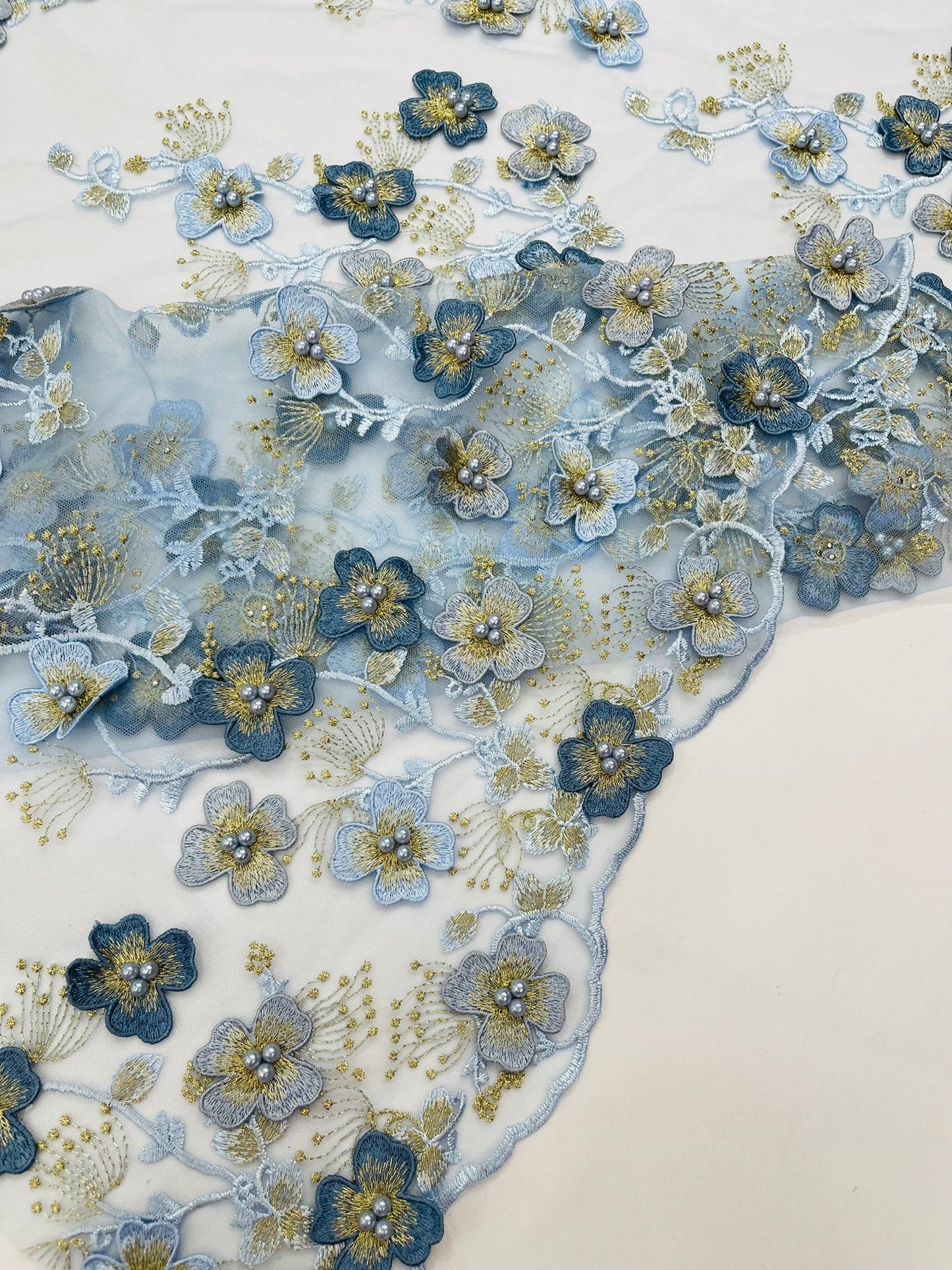 Multi Color 3D Floral Design Embroider with Pearls in a Mesh Lace Fabric| New Creations Fabric & Foam Inc. - New Creations Fabric & Foam Inc