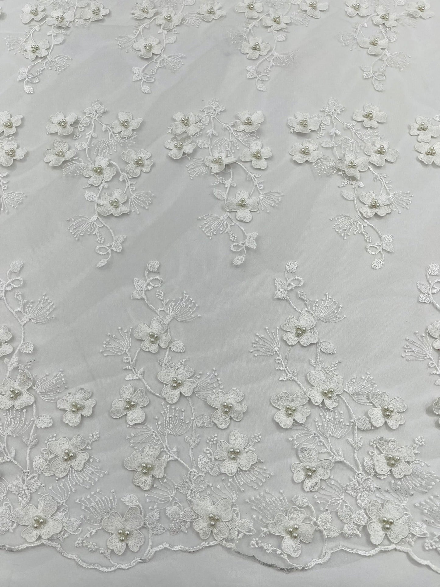 Multi Color 3D Floral Design Embroider with Pearls in a Mesh Lace Fabric| New Creations Fabric & Foam Inc. - New Creations Fabric & Foam Inc