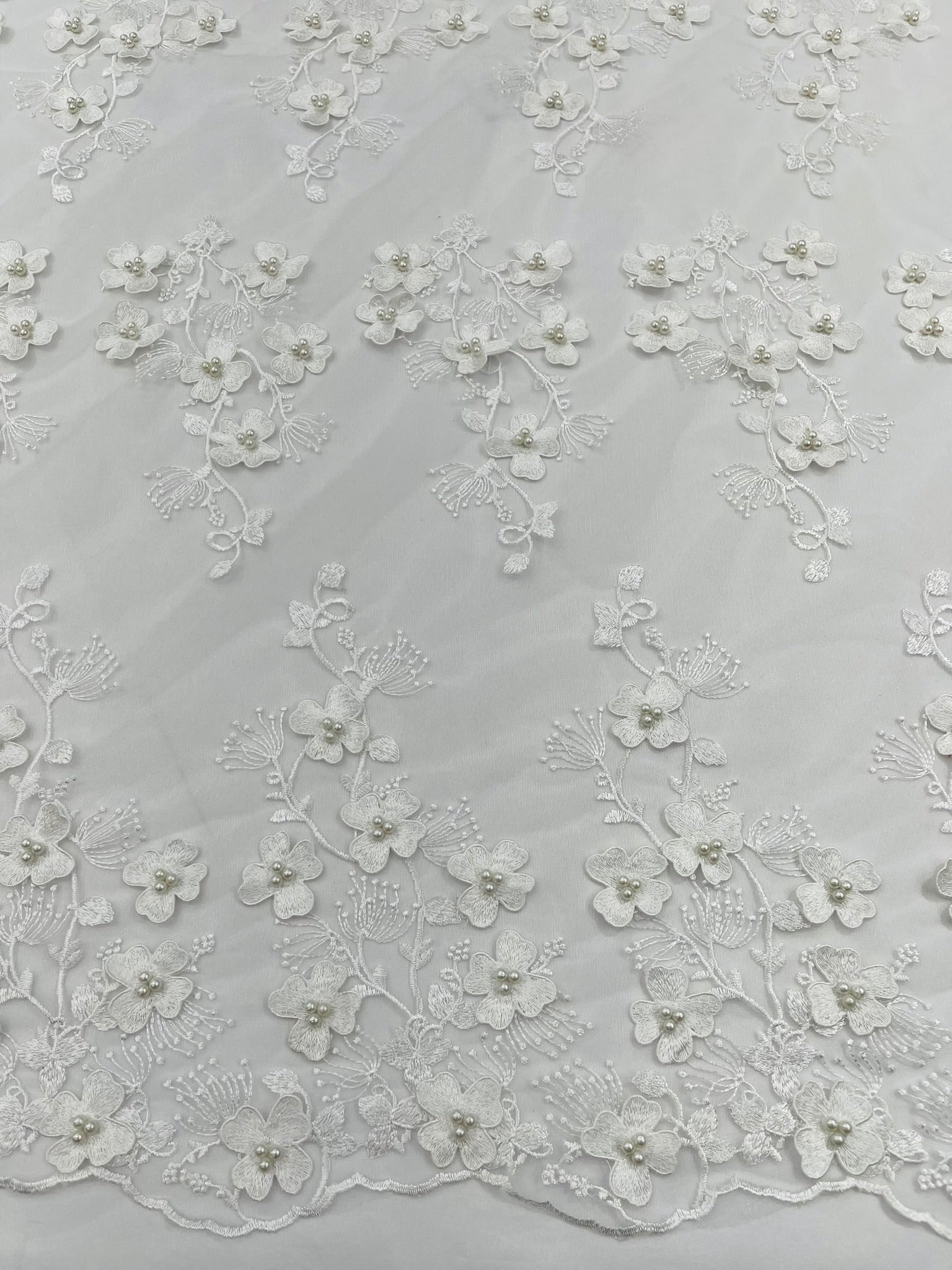 Multi Color 3D Floral Design Embroider with Pearls in a Mesh Lace Fabric| New Creations Fabric & Foam Inc. - New Creations Fabric & Foam Inc