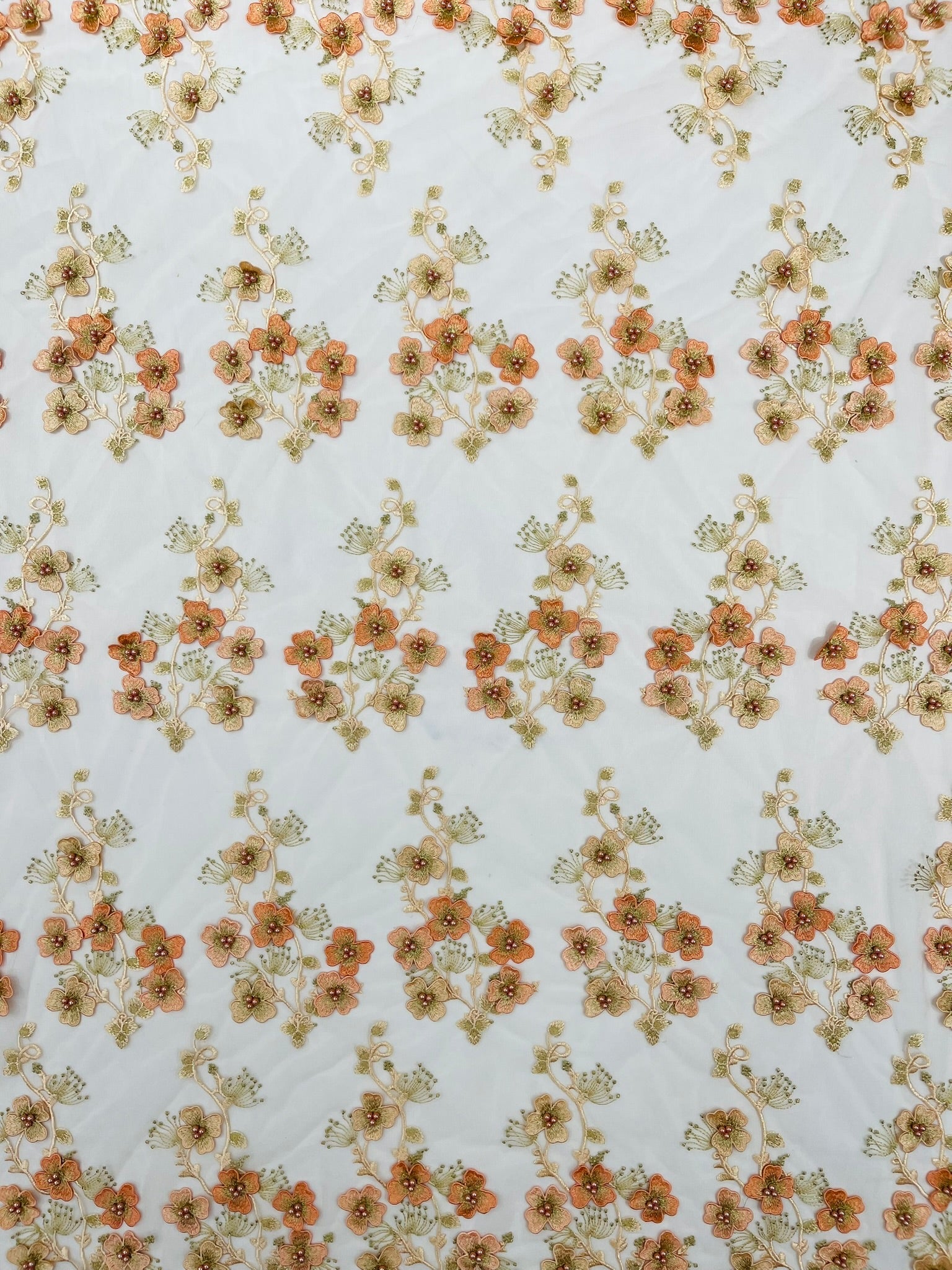 Multi Color 3D Floral Design Embroider with Pearls in a Mesh Lace Fabric| New Creations Fabric & Foam Inc. - New Creations Fabric & Foam Inc