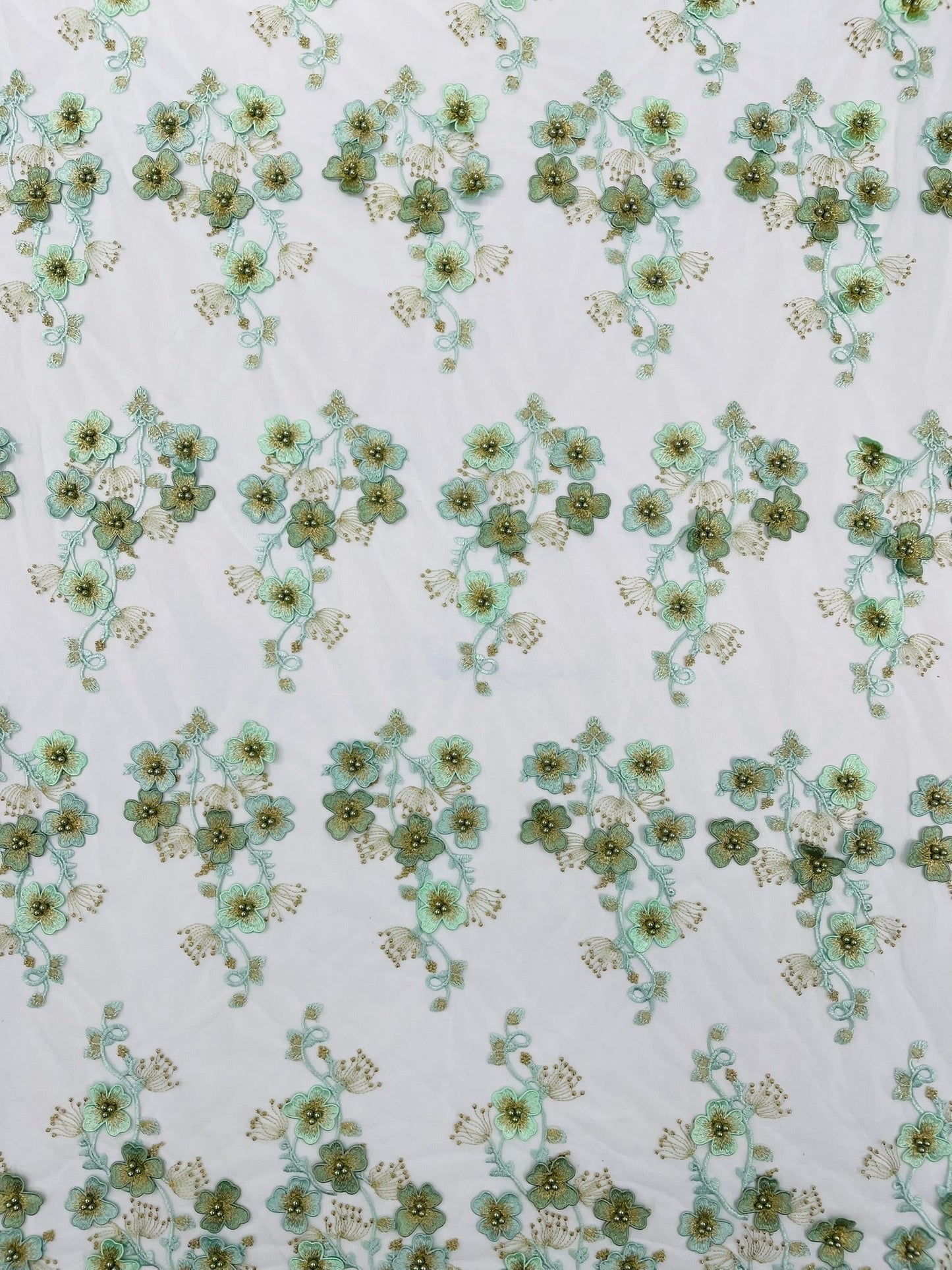 Multi Color 3D Floral Design Embroider with Pearls in a Mesh Lace Fabric| New Creations Fabric & Foam Inc. - New Creations Fabric & Foam Inc