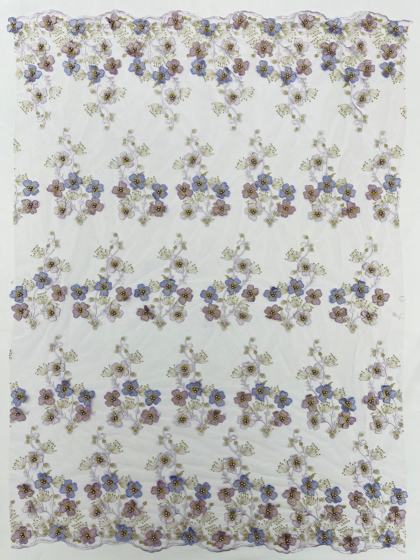 Multi Color 3D Floral Design Embroider with Pearls in a Mesh Lace Fabric| New Creations Fabric & Foam Inc. - New Creations Fabric & Foam Inc