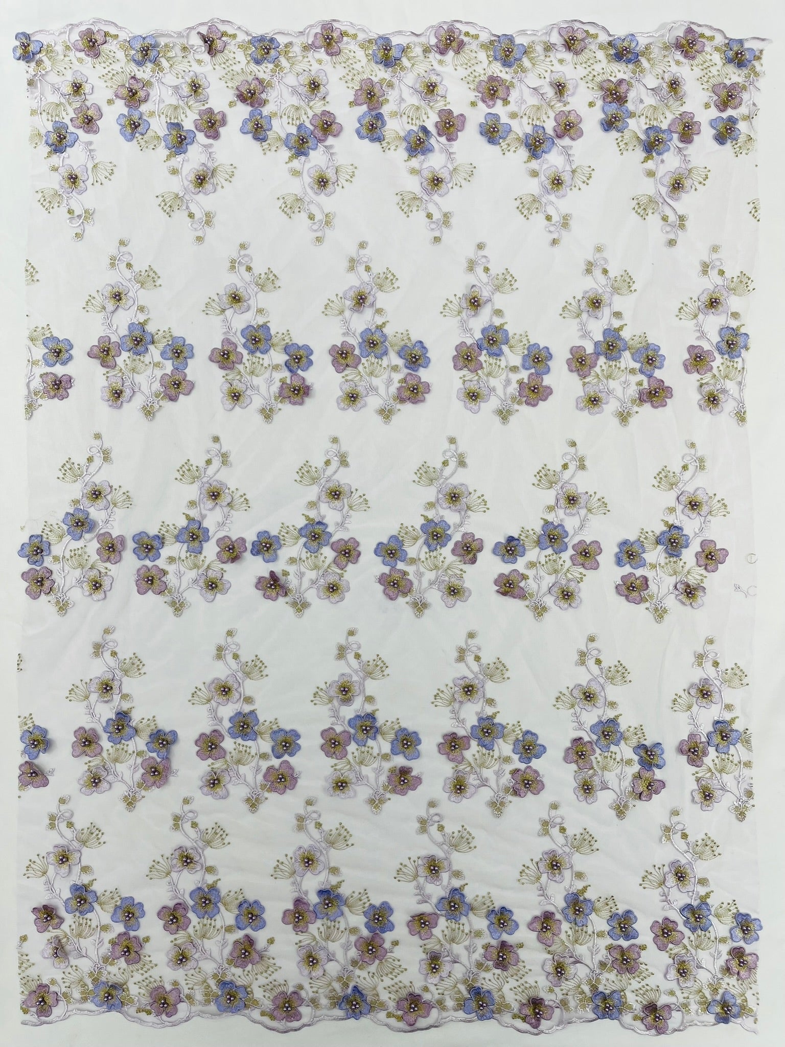 Multi Color 3D Floral Design Embroider with Pearls in a Mesh Lace Fabric| New Creations Fabric & Foam Inc. - New Creations Fabric & Foam Inc