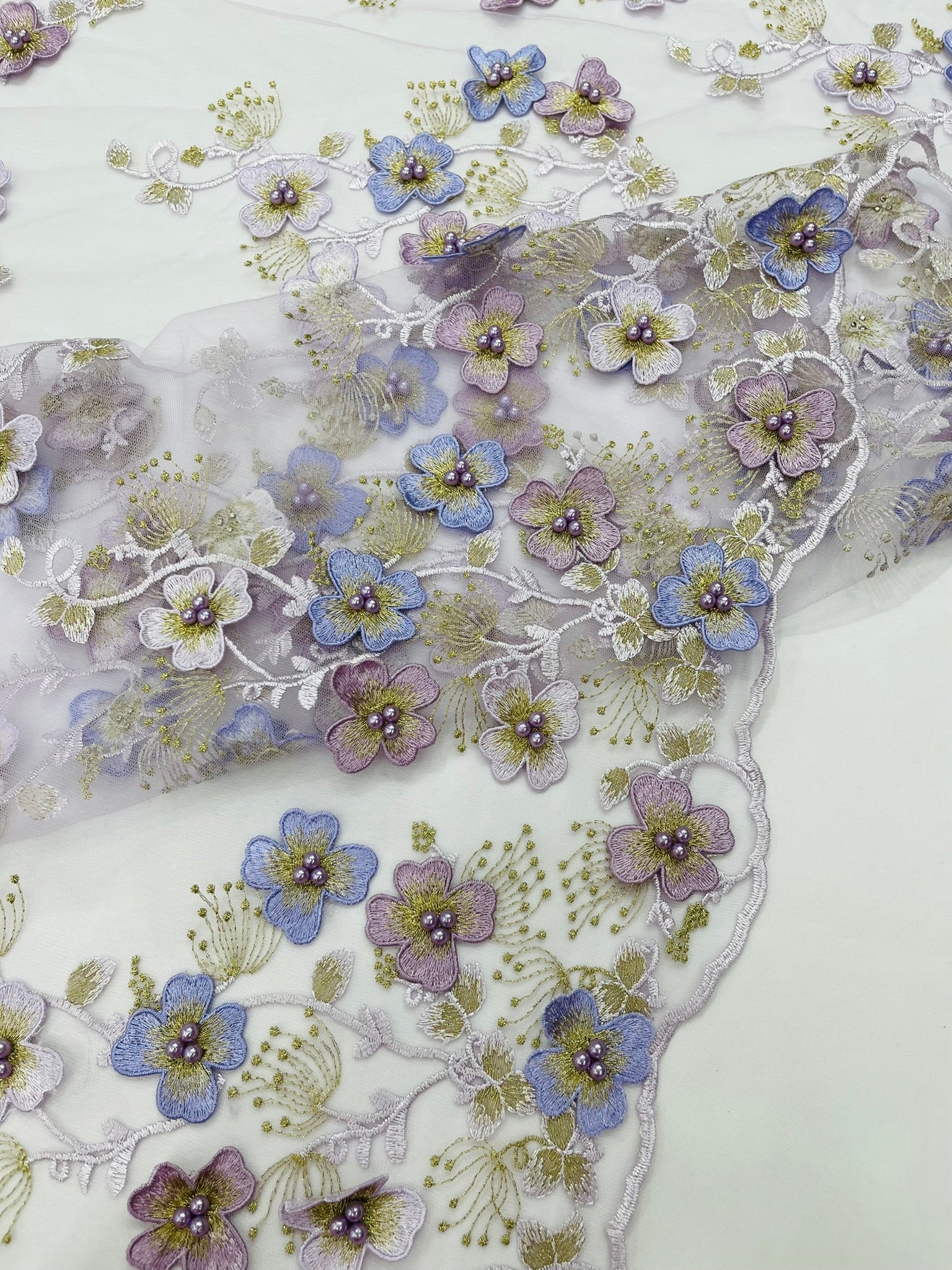 Multi Color 3D Floral Design Embroider with Pearls in a Mesh Lace Fabric| New Creations Fabric & Foam Inc. - New Creations Fabric & Foam Inc