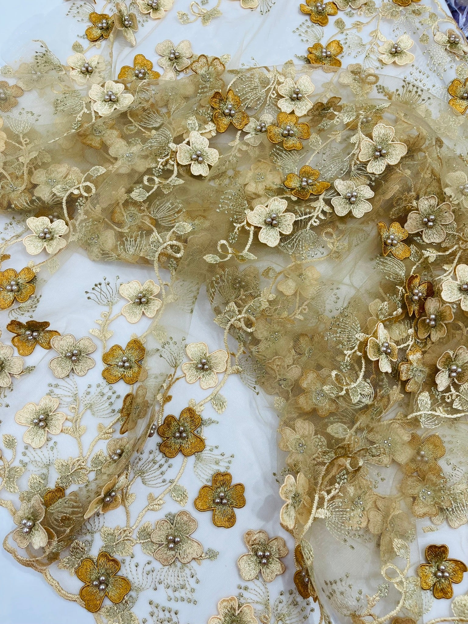 Multi Color 3D Floral Design Embroider with Pearls in a Mesh Lace Fabric| New Creations Fabric & Foam Inc. - New Creations Fabric & Foam Inc