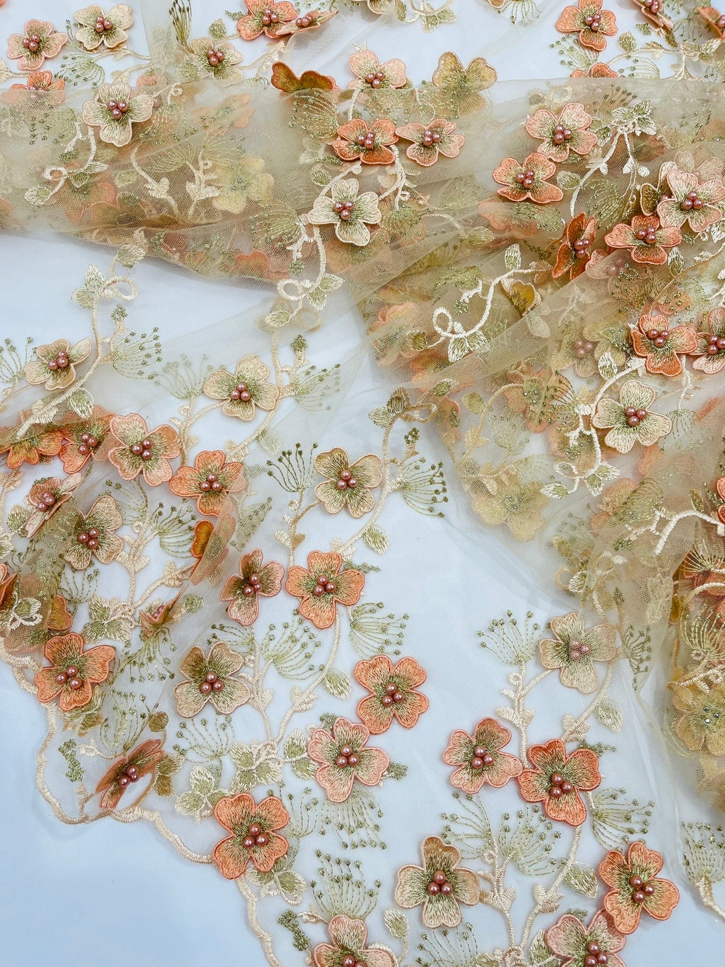 Multi Color 3D Floral Design Embroider with Pearls in a Mesh Lace Fabric| New Creations Fabric & Foam Inc. - New Creations Fabric & Foam Inc