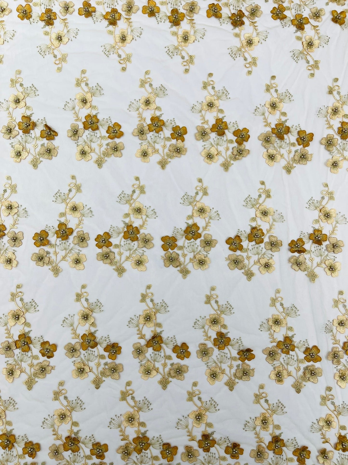 Multi Color 3D Floral Design Embroider with Pearls in a Mesh Lace Fabric| New Creations Fabric & Foam Inc. - New Creations Fabric & Foam Inc