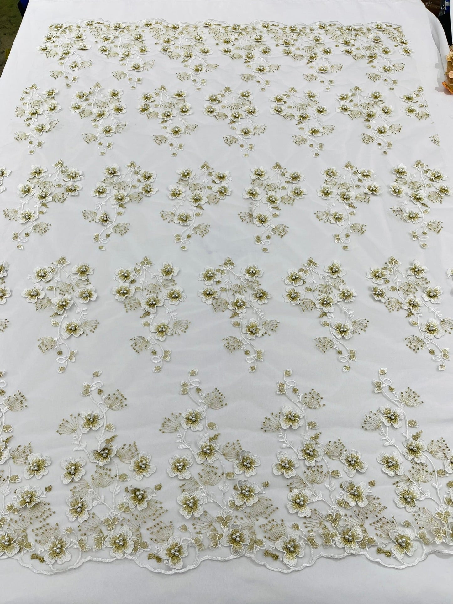 Multi Color 3D Floral Design Embroider with Pearls in a Mesh Lace Fabric| New Creations Fabric & Foam Inc. - New Creations Fabric & Foam Inc