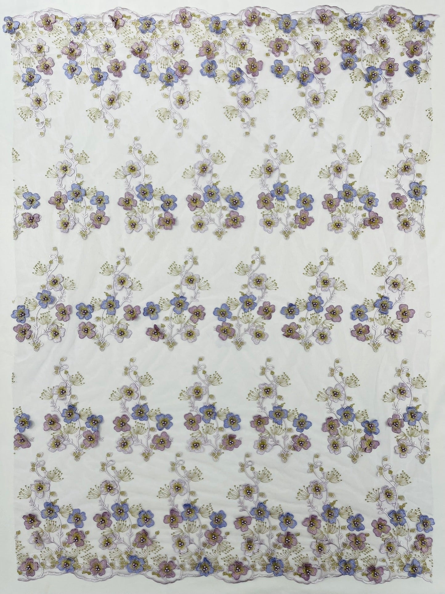 Multi Color 3D Floral Design Embroider with Pearls in a Mesh Lace Fabric| New Creations Fabric & Foam Inc. - New Creations Fabric & Foam Inc