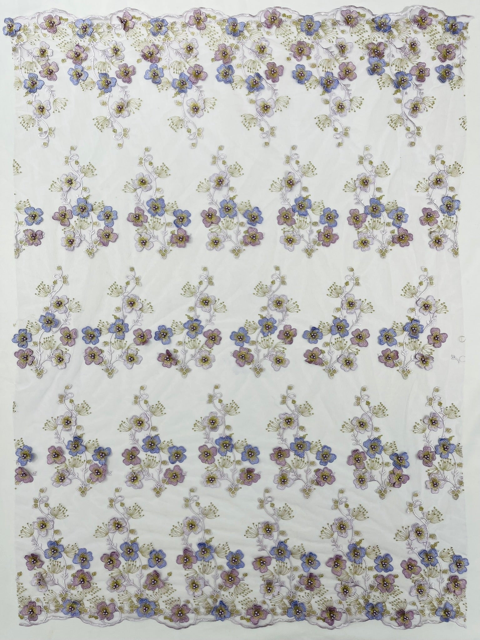 Multi Color 3D Floral Design Embroider with Pearls in a Mesh Lace Fabric| New Creations Fabric & Foam Inc. - New Creations Fabric & Foam Inc