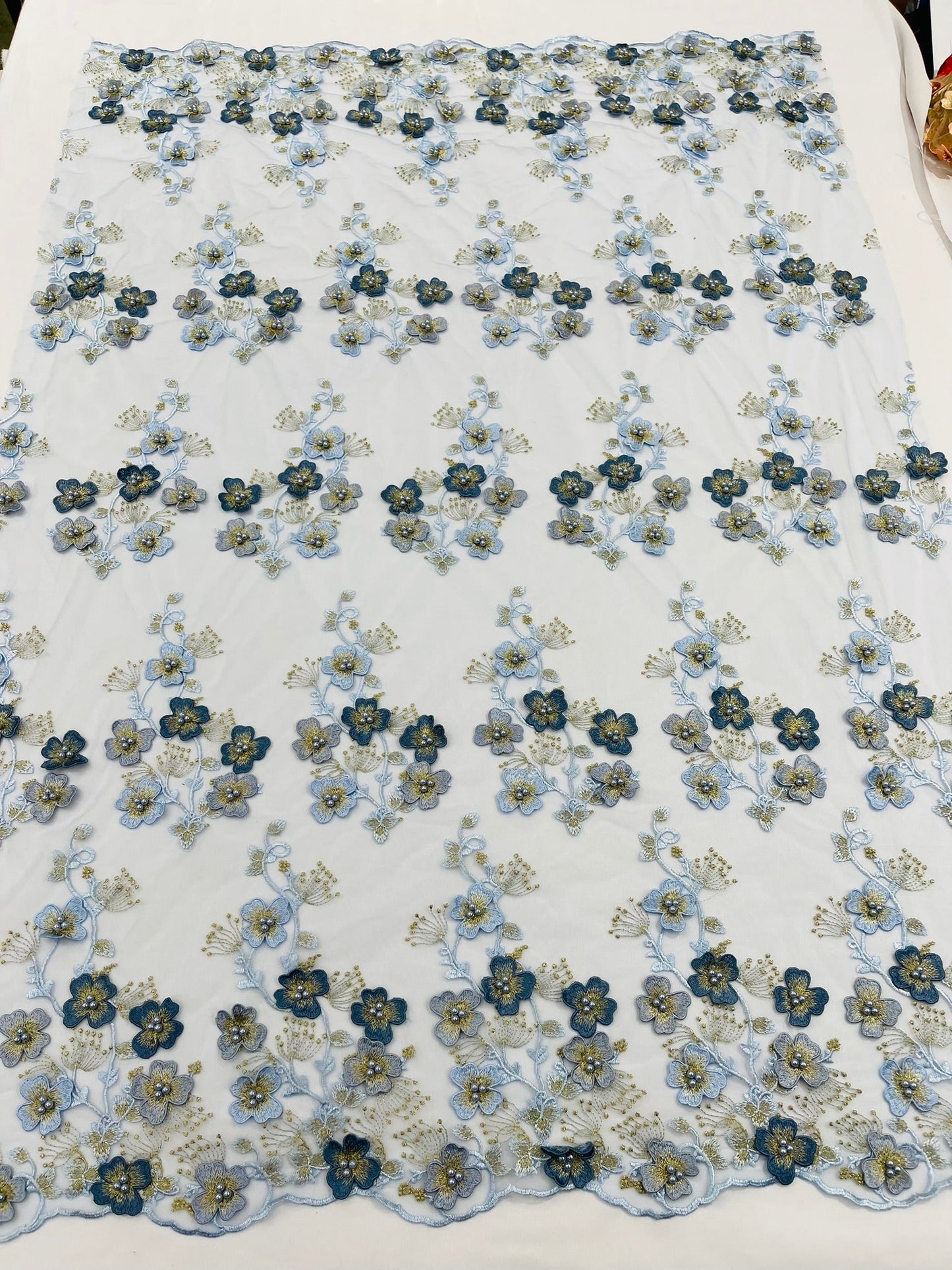 Multi Color 3D Floral Design Embroider with Pearls in a Mesh Lace Fabric| New Creations Fabric & Foam Inc. - New Creations Fabric & Foam Inc