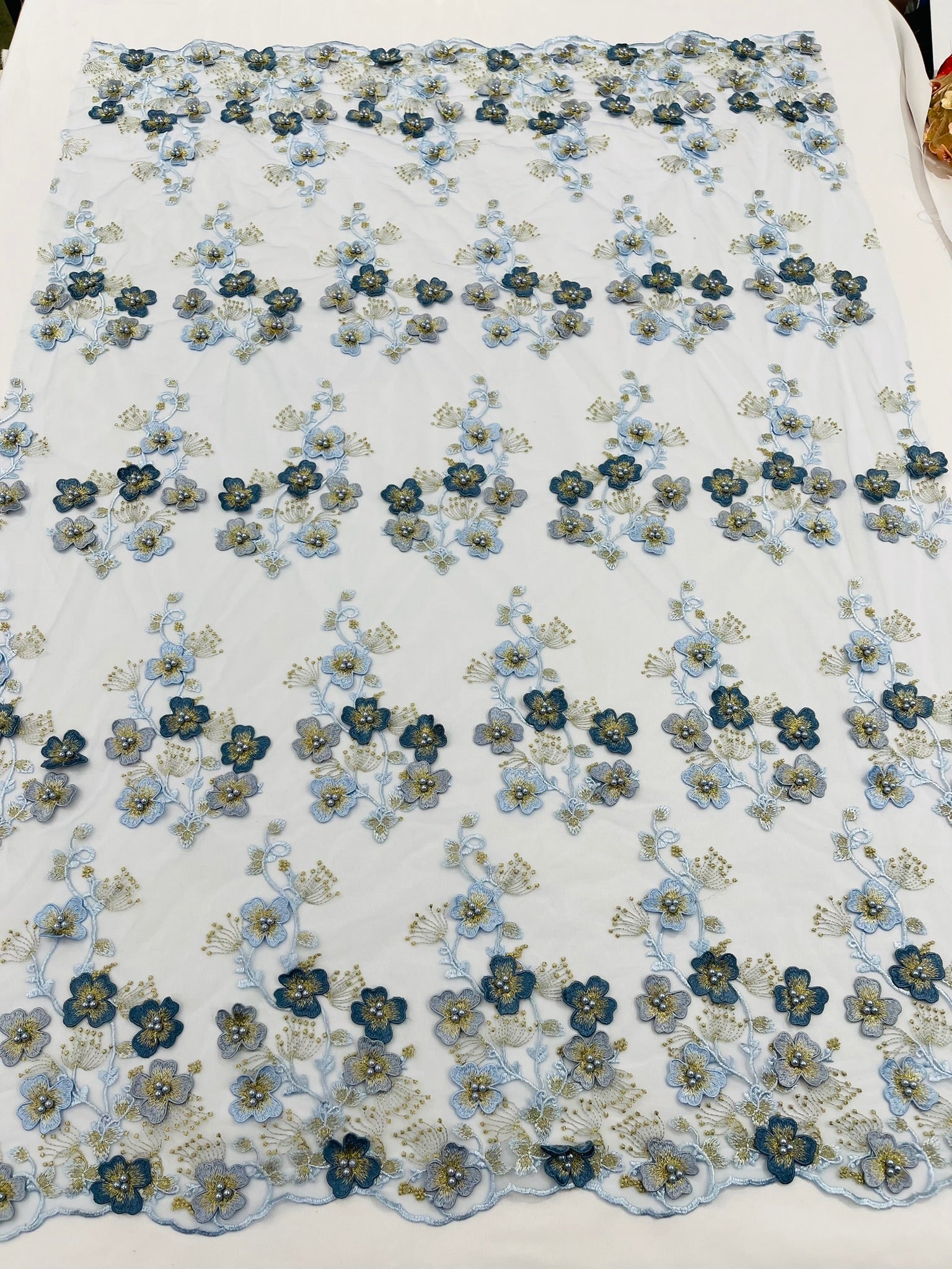 Multi Color 3D Floral Design Embroider with Pearls in a Mesh Lace Fabric| New Creations Fabric & Foam Inc. - New Creations Fabric & Foam Inc