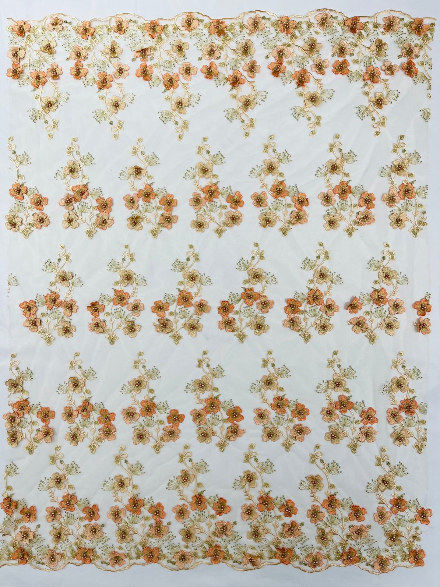 Multi Color 3D Floral Design Embroider with Pearls in a Mesh Lace Fabric| New Creations Fabric & Foam Inc. - New Creations Fabric & Foam Inc