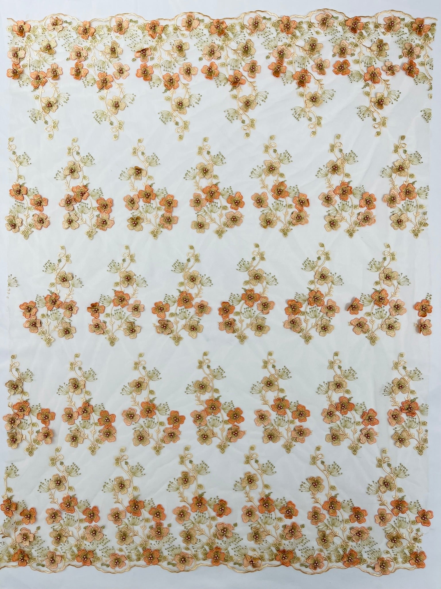 Multi Color 3D Floral Design Embroider with Pearls in a Mesh Lace Fabric| New Creations Fabric & Foam Inc. - New Creations Fabric & Foam Inc