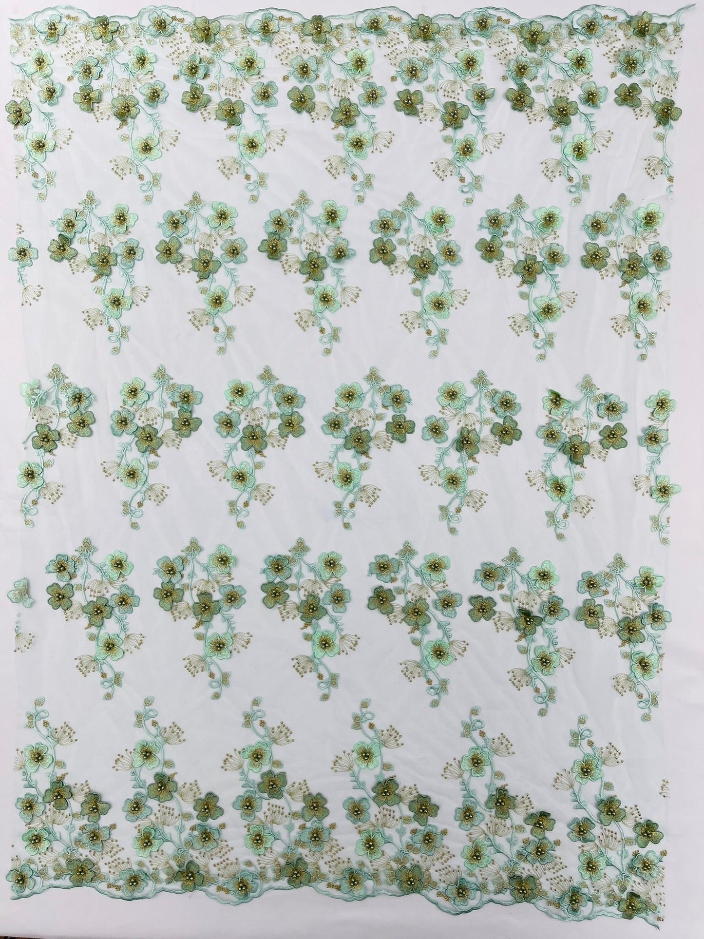 Multi Color 3D Floral Design Embroider with Pearls in a Mesh Lace Fabric| New Creations Fabric & Foam Inc. - New Creations Fabric & Foam Inc