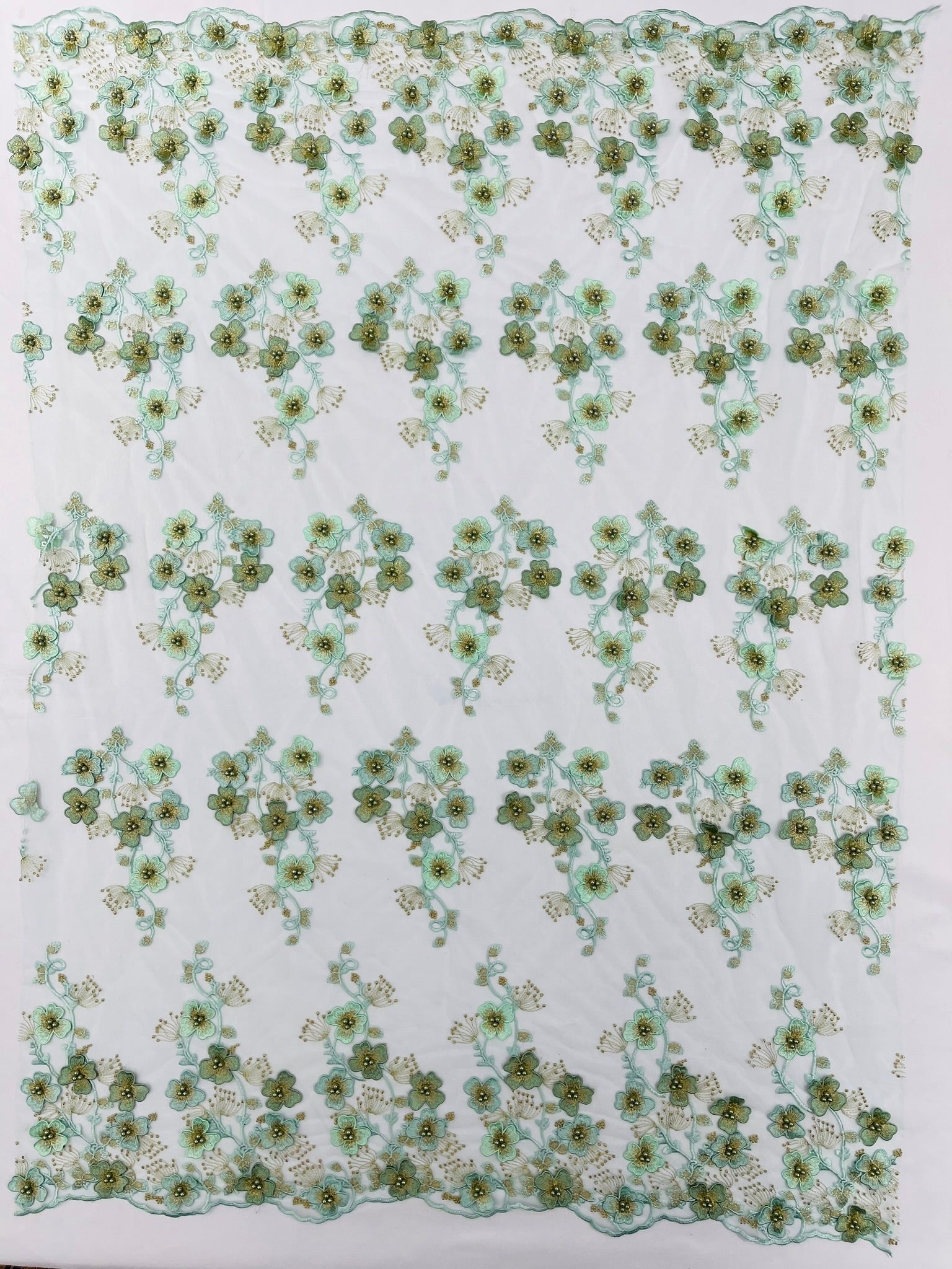 Multi Color 3D Floral Design Embroider with Pearls in a Mesh Lace Fabric| New Creations Fabric & Foam Inc. - New Creations Fabric & Foam Inc