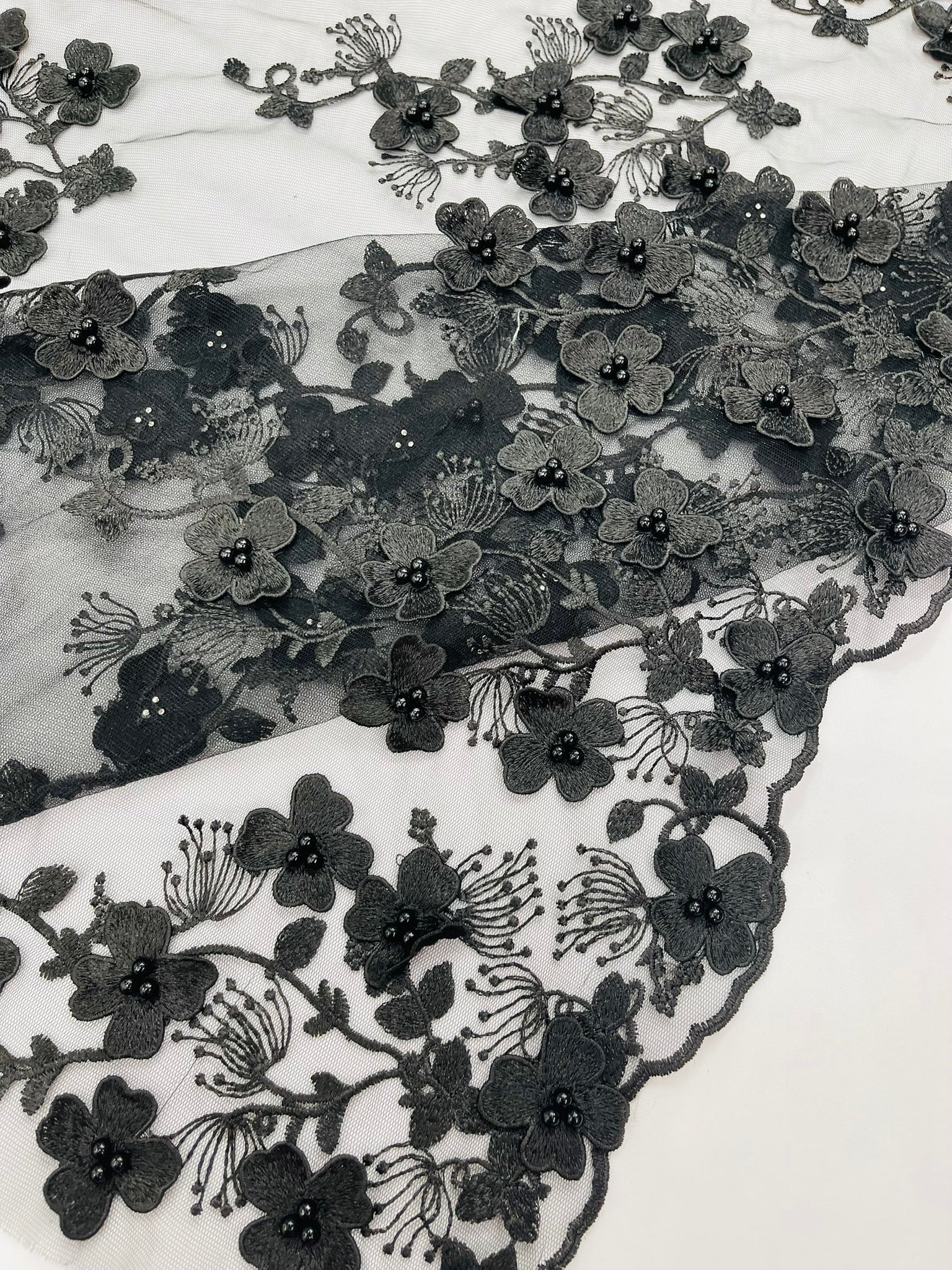 Multi Color 3D Floral Design Embroider with Pearls in a Mesh Lace Fabric| New Creations Fabric & Foam Inc. - New Creations Fabric & Foam Inc