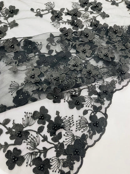 Multi Color 3D Floral Design Embroider with Pearls in a Mesh Lace Fabric| New Creations Fabric & Foam Inc. - New Creations Fabric & Foam Inc