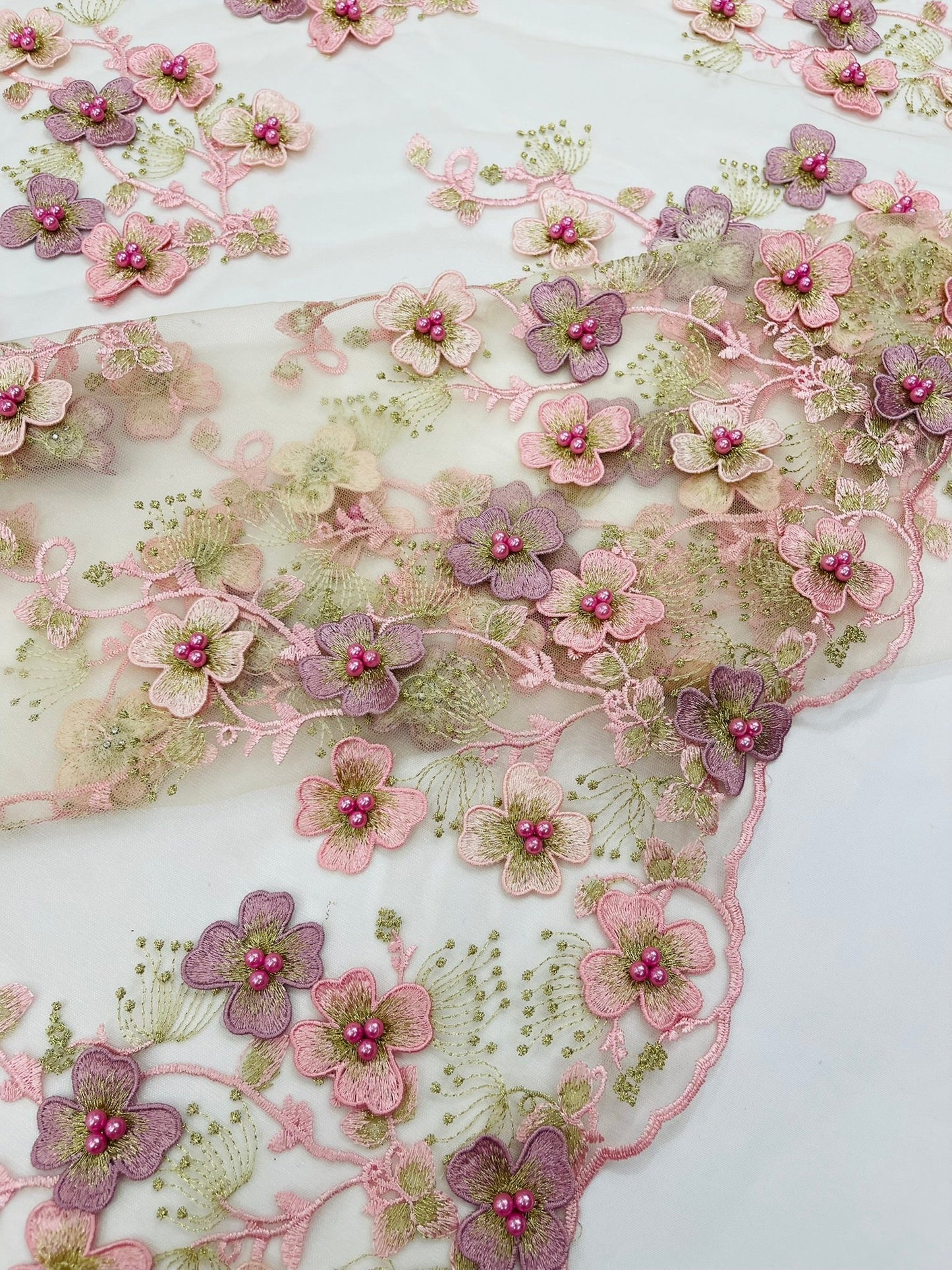 Multi Color 3D Floral Design Embroider with Pearls in a Mesh Lace Fabric| New Creations Fabric & Foam Inc. - New Creations Fabric & Foam Inc