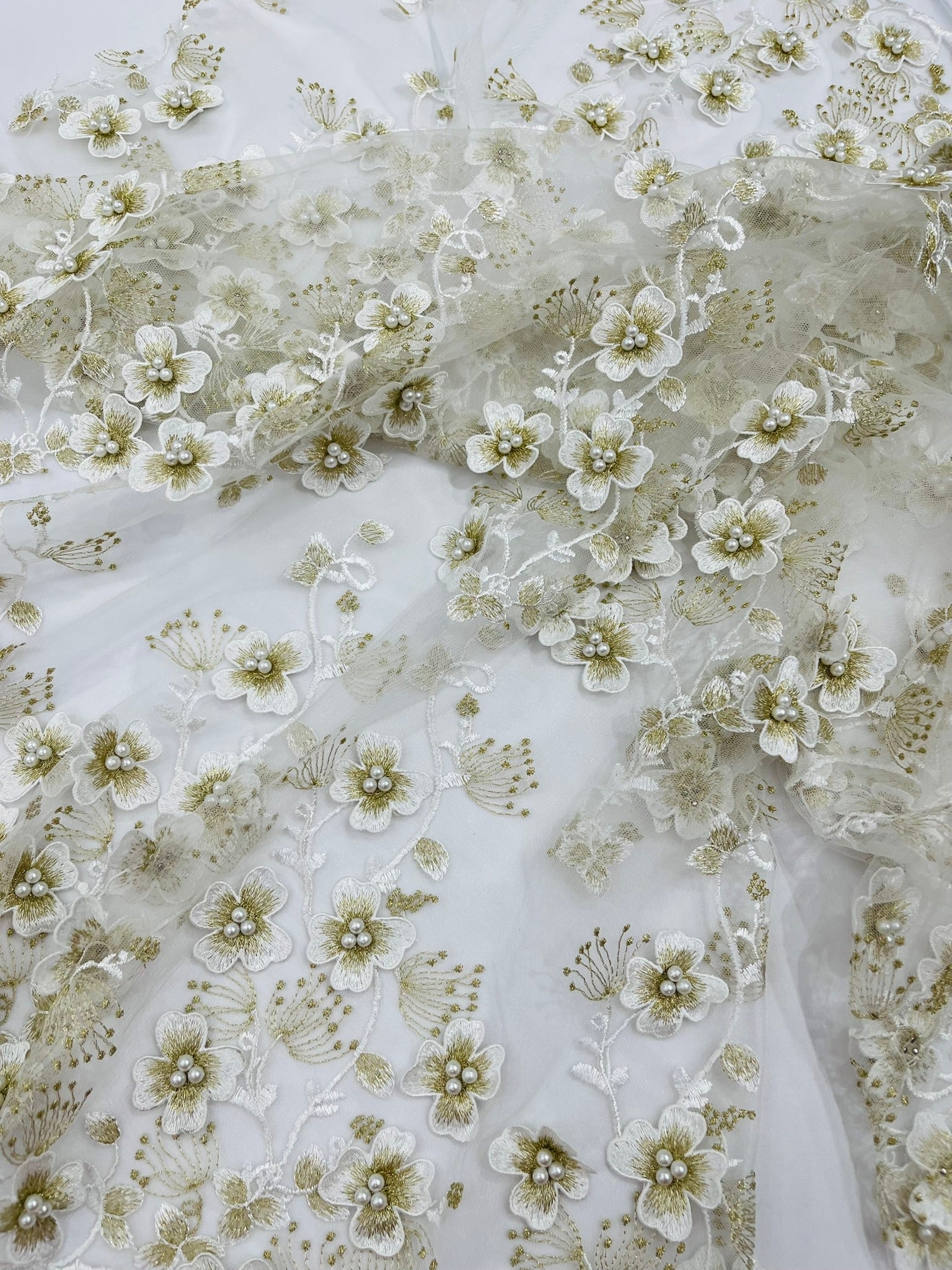 Multi Color 3D Floral Design Embroider with Pearls in a Mesh Lace Fabric| New Creations Fabric & Foam Inc. - New Creations Fabric & Foam Inc