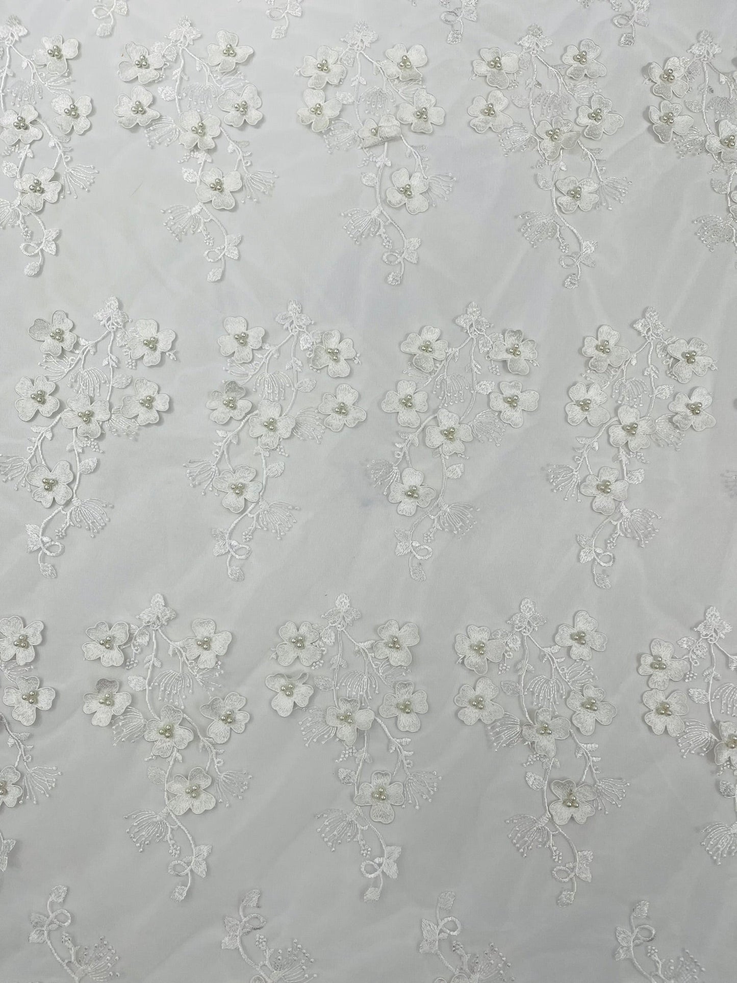 Multi Color 3D Floral Design Embroider with Pearls in a Mesh Lace Fabric| New Creations Fabric & Foam Inc. - New Creations Fabric & Foam Inc