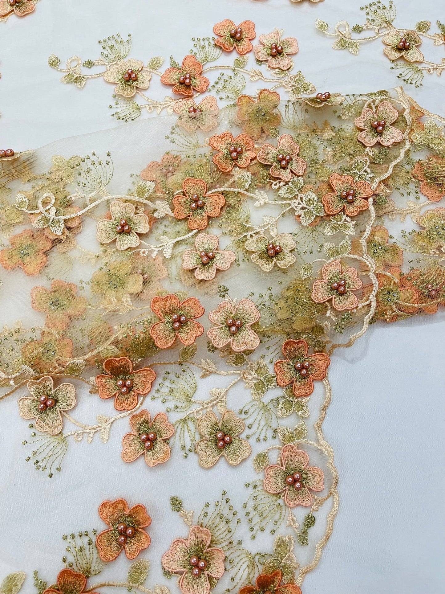 Multi Color 3D Floral Design Embroider with Pearls in a Mesh Lace Fabric| New Creations Fabric & Foam Inc. - New Creations Fabric & Foam Inc
