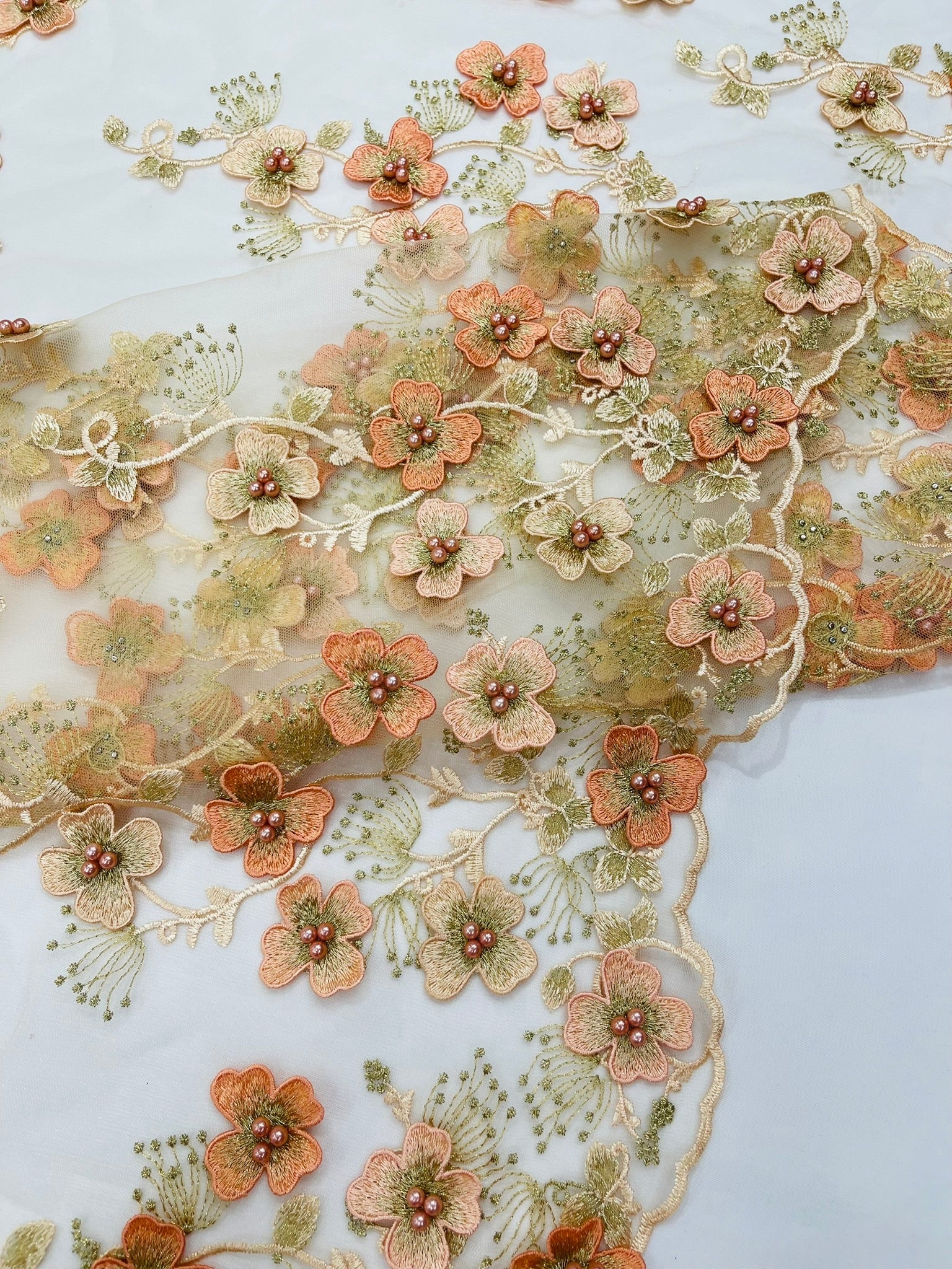 Multi Color 3D Floral Design Embroider with Pearls in a Mesh Lace Fabric| New Creations Fabric & Foam Inc. - New Creations Fabric & Foam Inc