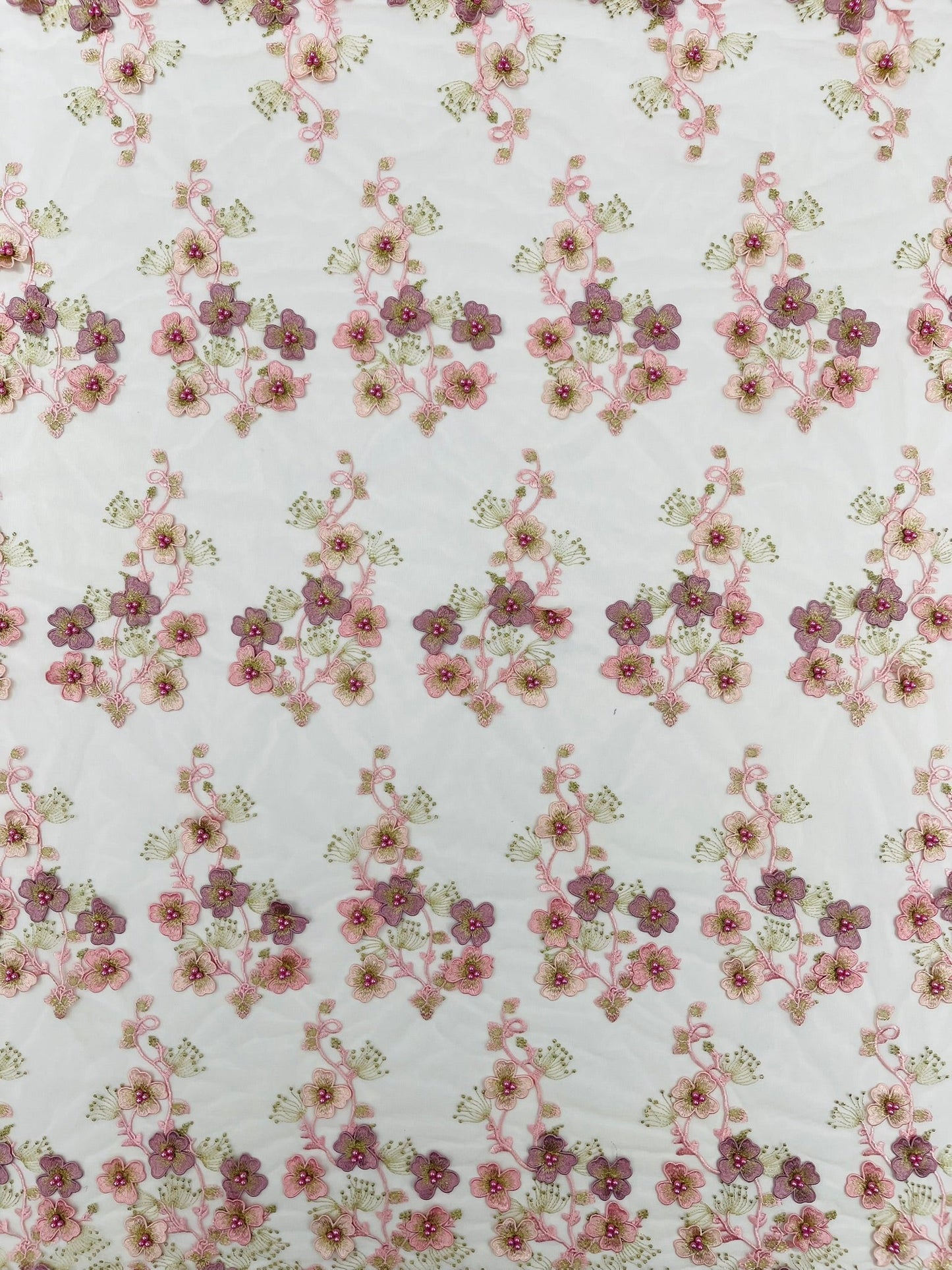 Multi Color 3D Floral Design Embroider with Pearls in a Mesh Lace Fabric| New Creations Fabric & Foam Inc. - New Creations Fabric & Foam Inc